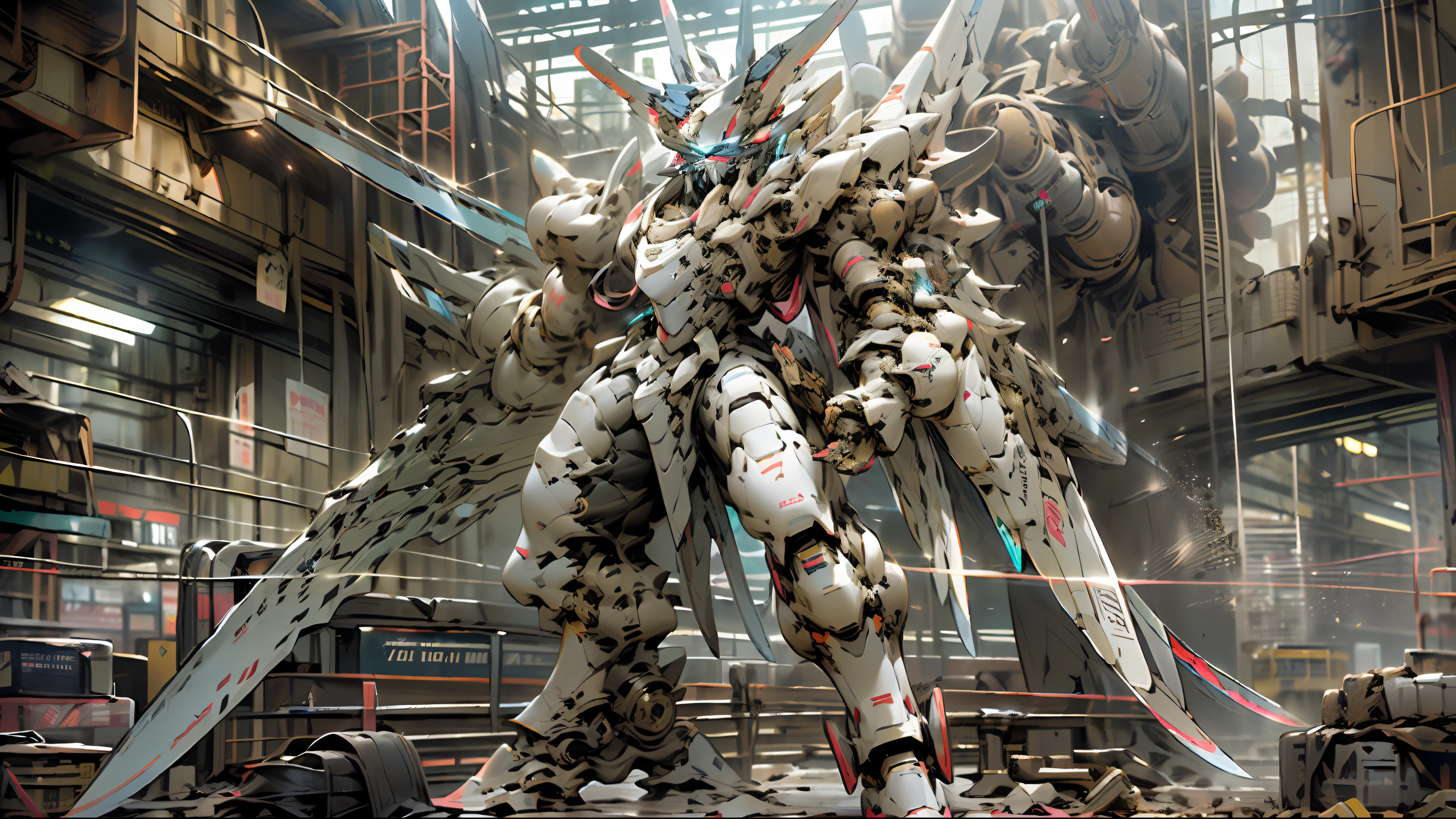 masterpiece, best quality, mecha, no humans, (full body), (black armor mecha:1.5), (Axisymmetric:1.4),(HDR), (cinematic light:1.1), blue eyes, science fiction, fire, laser canon beam, war, conflict, destroyed city background holding weapon,(holding huge weapon:1.5), holding Very large shield, mechagirl girl,