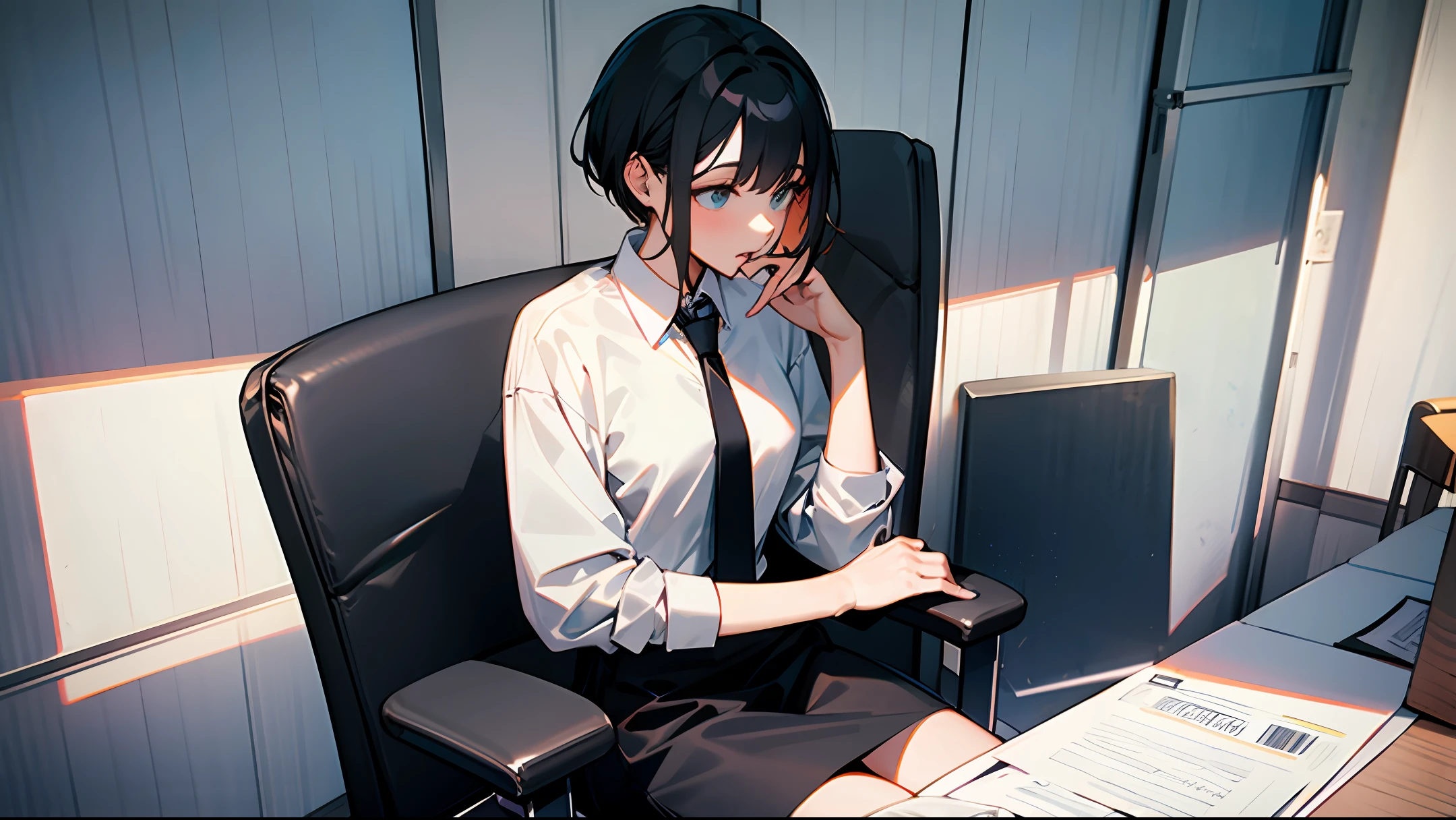 A woman sits in a chair in the office area,She wears a black and white tie,Wearing a short black skirt