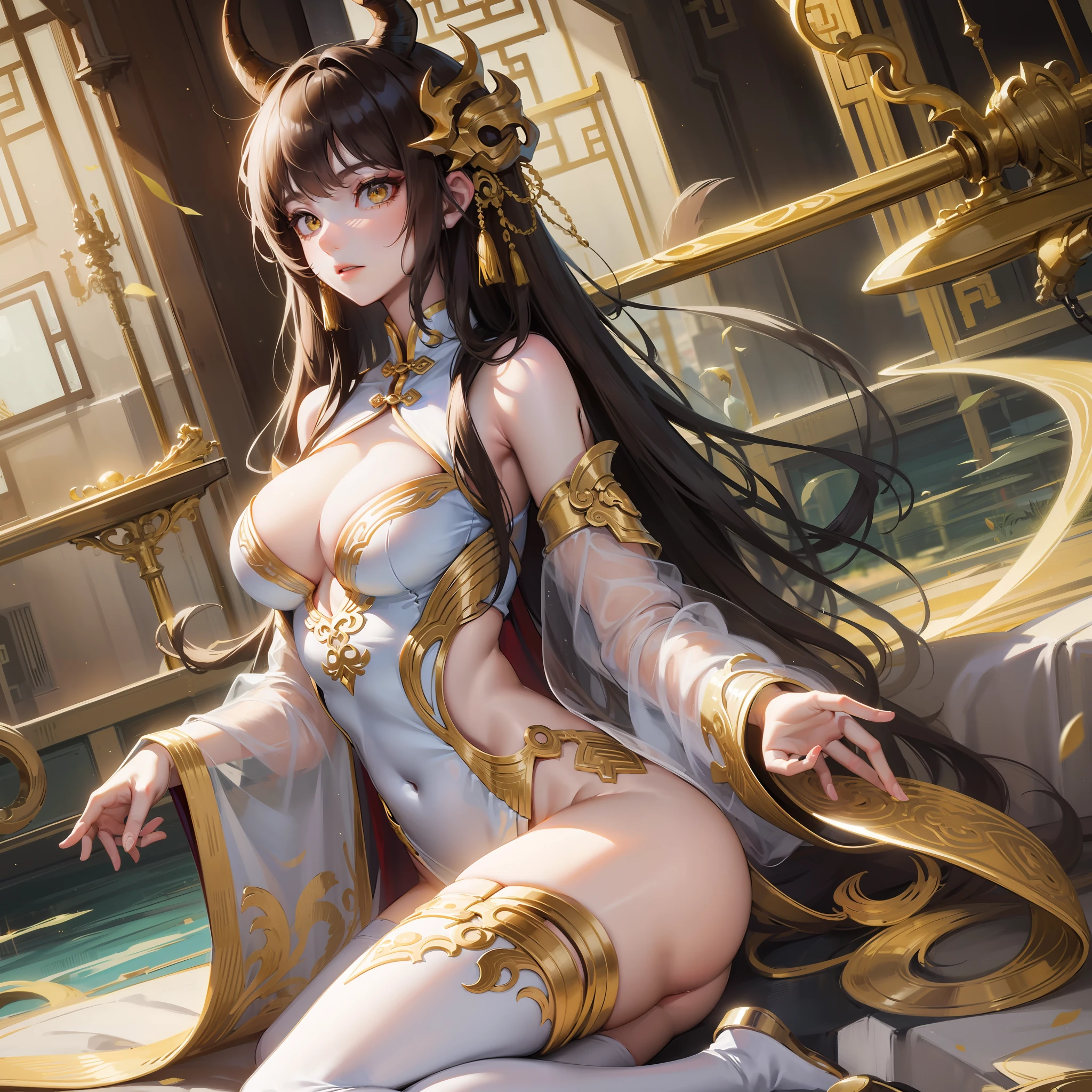 Tall girl, golden eyes, light-brunette, white-gold, tight Chinese outfit, dragon horns and tail, divine light, emotionless look