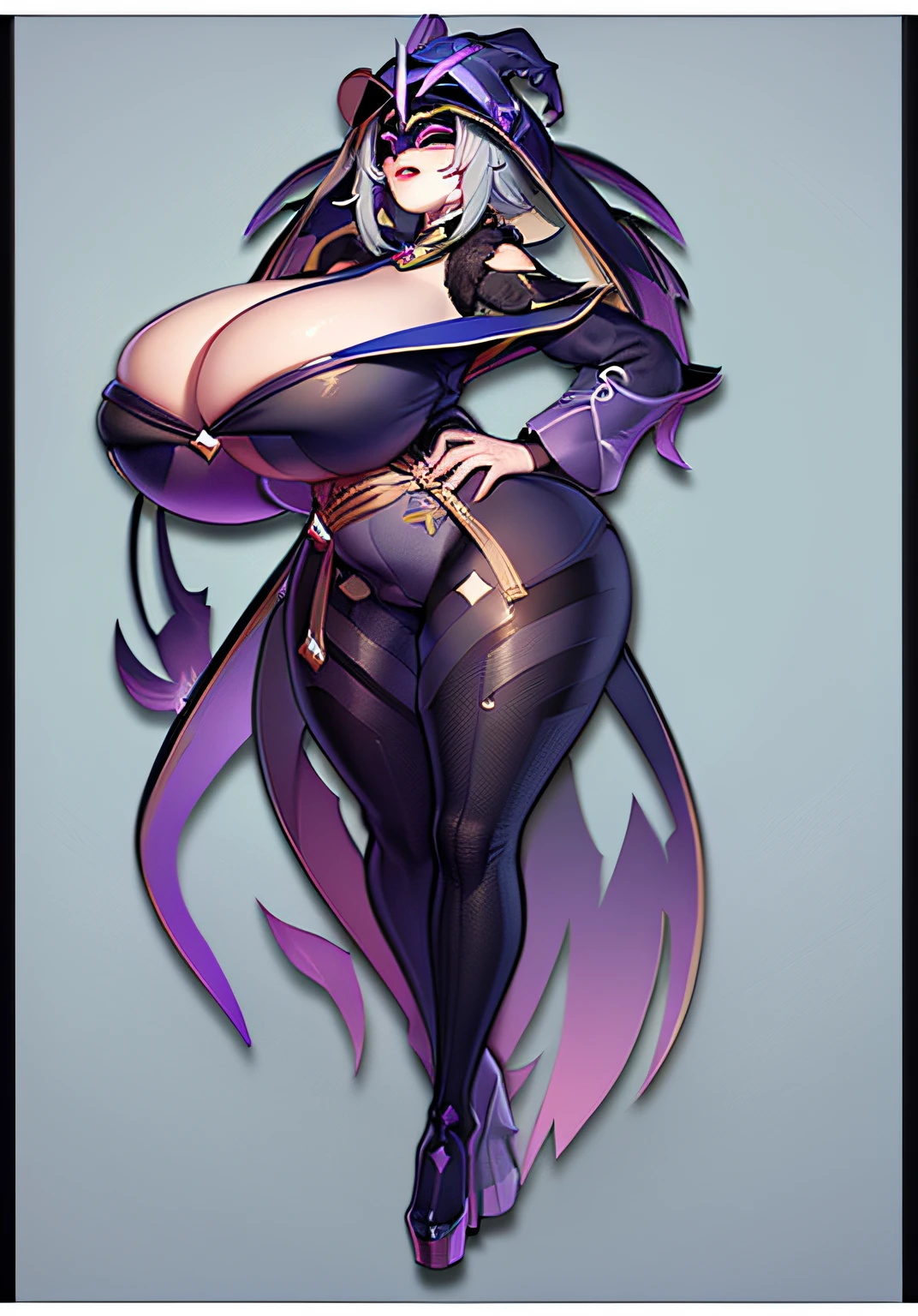 a close up of a cartoon of a woman with a knife, fullbody commission for, commission for high res, thicc, oc commission, sinister pose, full body xianxia, katanas strapped to her back, cel - shaded art style, dark sorceress fullbody pose, commission for, thick black line art, raven branwen, rwby, black hair, expressionless, makeup, empty eyes, white hair, 8k, super detail, 4K, HD, highres, best quality, award winning, high quality, high details, super detail, textured skin, anatomically correct, ccurate, masterpiece, retina, UHD, hyper detail, hyper detailed face, thicc, biomechanical oppai, oppai, thicc, oppai proportions, nsfw, platform heels, cicin mage (genshin impact)