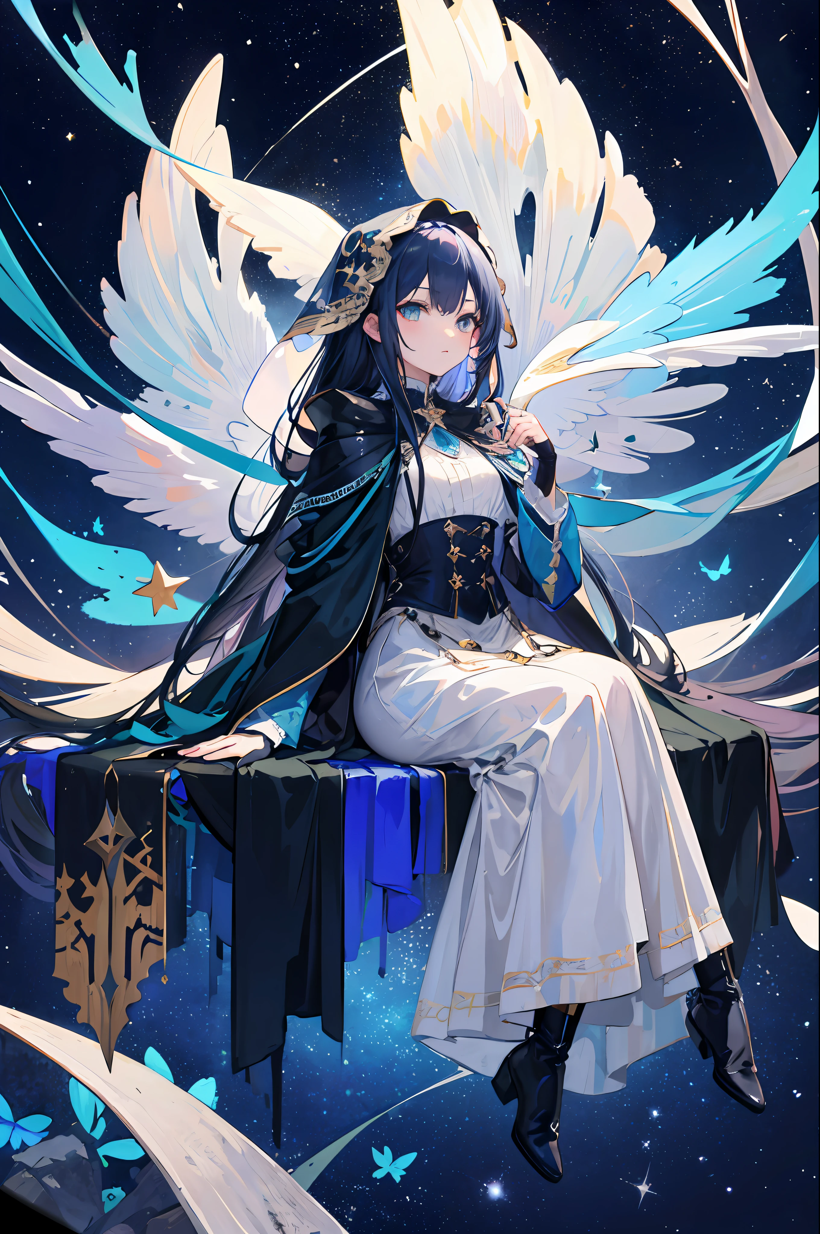 ((superdetailed)),((illustration)),((masterpaintings)),(((need))),((beautiful and meticulous eyes)),(extremely detailed CG Unity 8k wallpapers,optimal quality,masterpaintings),((4K,masterpaintings,optimal quality)),A woman with a sisterly feel but a little mature,Long dark blue hair,Long hair and waist,Loose hair,Shawl,Emerald green eyes,(solo person),A sky full of stars,The left hand is slightly raised,There is a ring on the ring finger of the left hand,Dark blue oversized swung princess maxi dress,Wearing a large dark blue trench coat,Stars hide under the skirt,Cloak,Dark blue butterflies flutter around you,Theater background,Star curtain,Wearing a dark blue veil with stars,Suspenders,The right hand wears a gradient blue star glove,(Full body diagram),Smaller eyes,(Beautiful face:1.2),(wispy hair:1.2),((Gorgeous starry sky background)),Sitting with a star,The river of stars surged under your feet,Stepping on a black hole,Dark blue boots