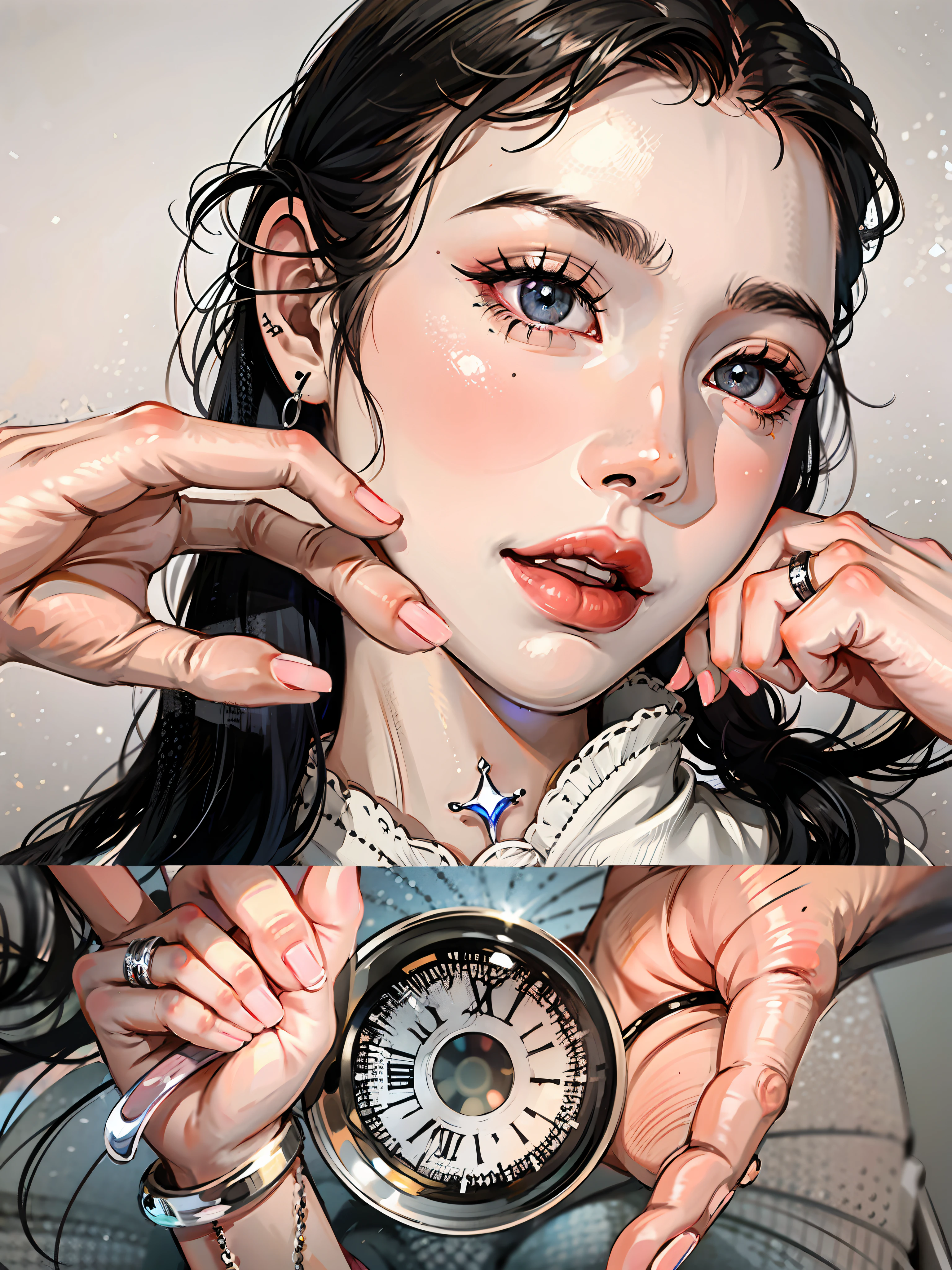 There was a woman with a ring on her finger，point finger with ring on it, piercing glowing eyes, grey contacts, piercing clear eyes, Light gray eyes, watery crystal glow eyed, piercing grey eyes, large piercing eyes, belle delphine, bright piercing brown eyes, 2 8 mm color, large round eyes, Clear eyes. 2 4 mm, 2 1 mm