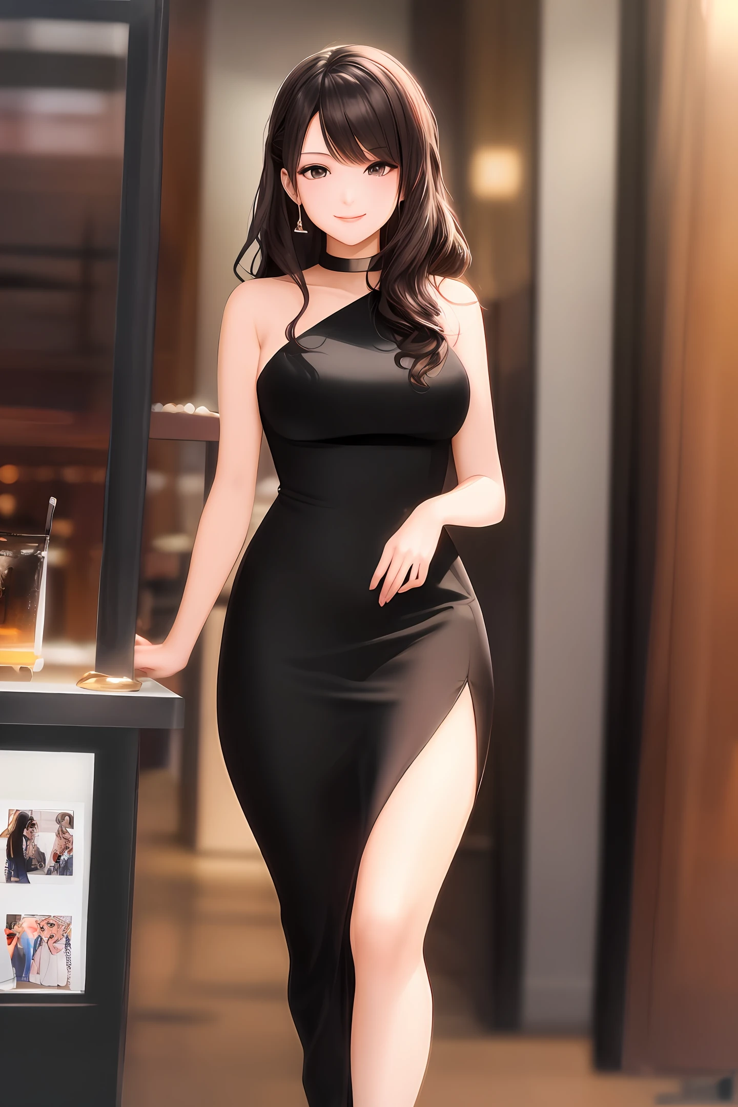 (1) Elements related to the entire illustration:
•theme: Romantic and elegant
•color: Based on warm colors、Mix some cold colors to accent it.。
•background: Inside luxurious restaurants and bars
(2) Characters:
• Maki Horikita's Woman。Charming gaze、Crystal clear skin、Impressive smile。
(3) Clothing and hairstyle:
•clothing: Sexy dresses made of shiny materials like silk or satin。Features a design that shows slits and décolleté。
•hairdo: Long hair with soft waves。
(4) Composition:
• People are centered on the screen、Smiling at the camera。
• Background is blurred、Put people in the lead role。
• Light shines from the left side of the person、Create a three-dimensional effect by creating shadows。