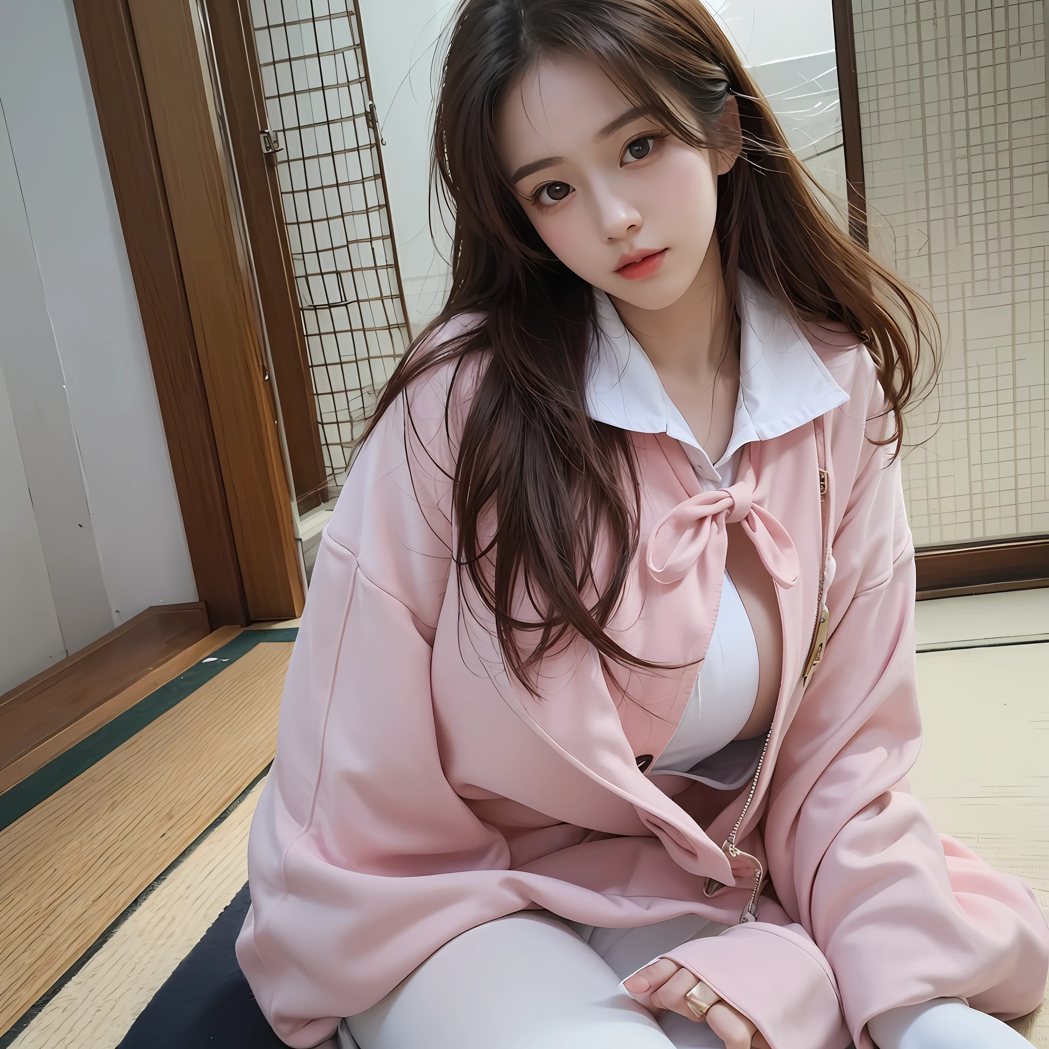 ((Night view.), realistic light, best qualit, Masterpiece:1.3)), 1girle, Beautiful woman with a slim figure: 1.4, (brown hair, Huge breasts: 1.4), Floor, Super detailed face, Detailed eyes, Double eyelidd, Asian woman posing for photo pink dress and white shirt, Japanese school uniform for girls, korean girl, japanese school uniform, Loose jacket collar sailor uniform, sakimichan, Amazing student uniforms, White fashion clothing, ulzzang, wearing japanese school uniform, Stylish white tights set, cute kawaii girl, Korean female fashion model, moaning, Bloom!, 8k --auto --s2