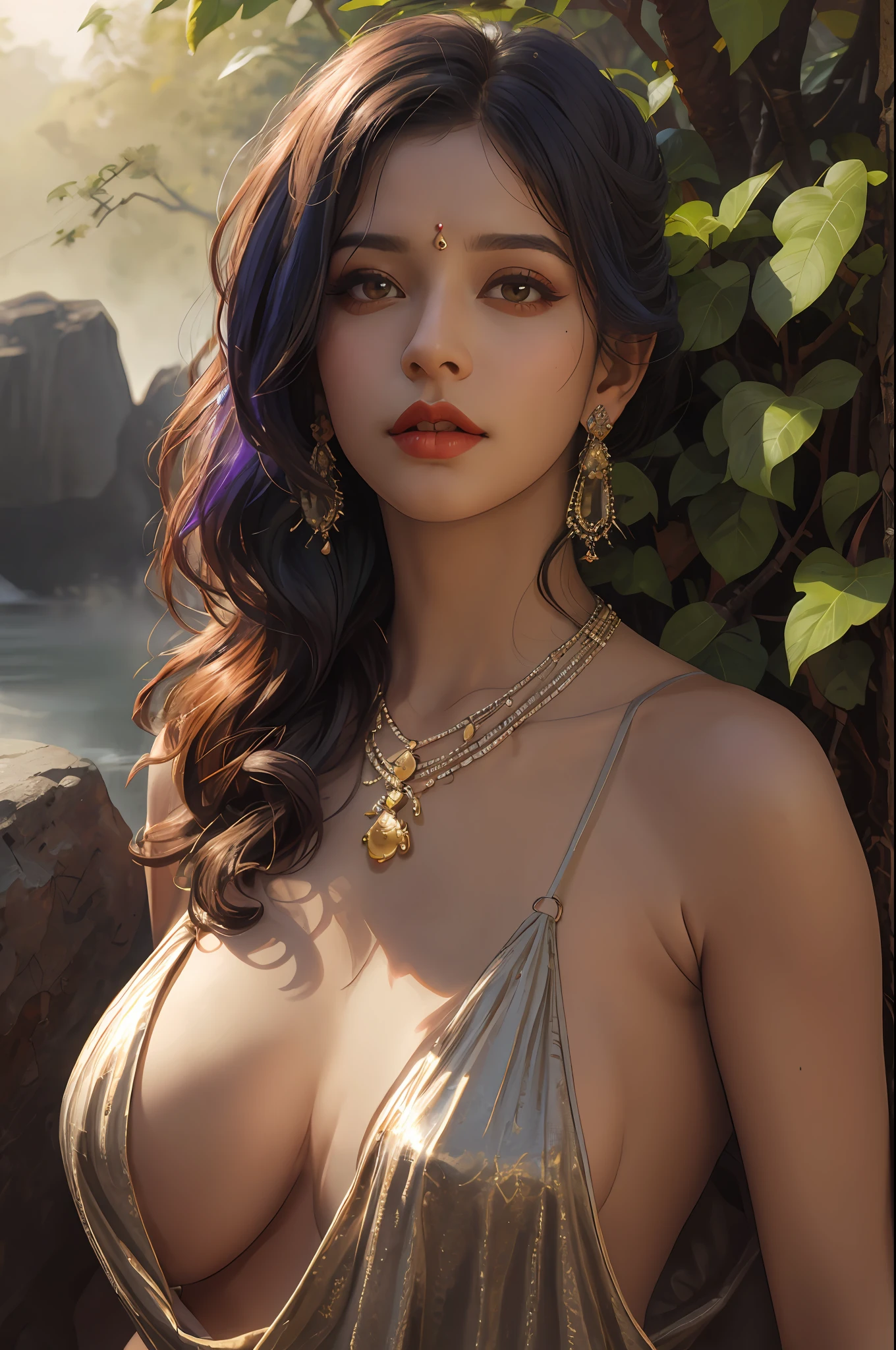 ((realistic:1.5)),((best quality)), ((masterpiece)),((detailed)), (1girl), {a beautiful female wearing a Sari}, (upper body:1.3),super-wide-angle lens,face focus, mature,sexy,toned muscles,long legs,curvy, barefoot, oversized firm breasts, open cleavage, drooping breasts, thick thighs,wide hips, thin legs, green eyes,long black hair,floting hair,long eyelashes, (detailed face,beautiful eye, detailed pupilss,detailed clothes features, clear background:1.3), (Bindi,Jhumkas:1.3), (Armlet, Haar, Payal,Maang Tikka,Jhumkas,Kamarband,Bangles:1.3), mysterious ancient ruin, lush forests, deep canyons,bridge,river,cliff,cloud, lakes,rock,waterfalls, flowers, grass, fog,vine,tree, smoke, best shadow,bright details,sharp,perfect composistion, Intricate, Sharp focus, dramatic, by Frank Frazetta,by Julie Bell,by Olivia De Berardinis,by Luis Royo,by boris vallejo, (specular lighting:1.3),rim light, princesses, playing, princesses playing with water, river bank, royal skimpy underwear, random royal color, laying on the floor, spooning her friend, hand on underwear, thirsty face, erotic face, lips open, almost undressed, underwear slid down, attended by servants, armed bodyguard, servant, gasping, breathing hard, fist clenched, visible slit, queen and slave
