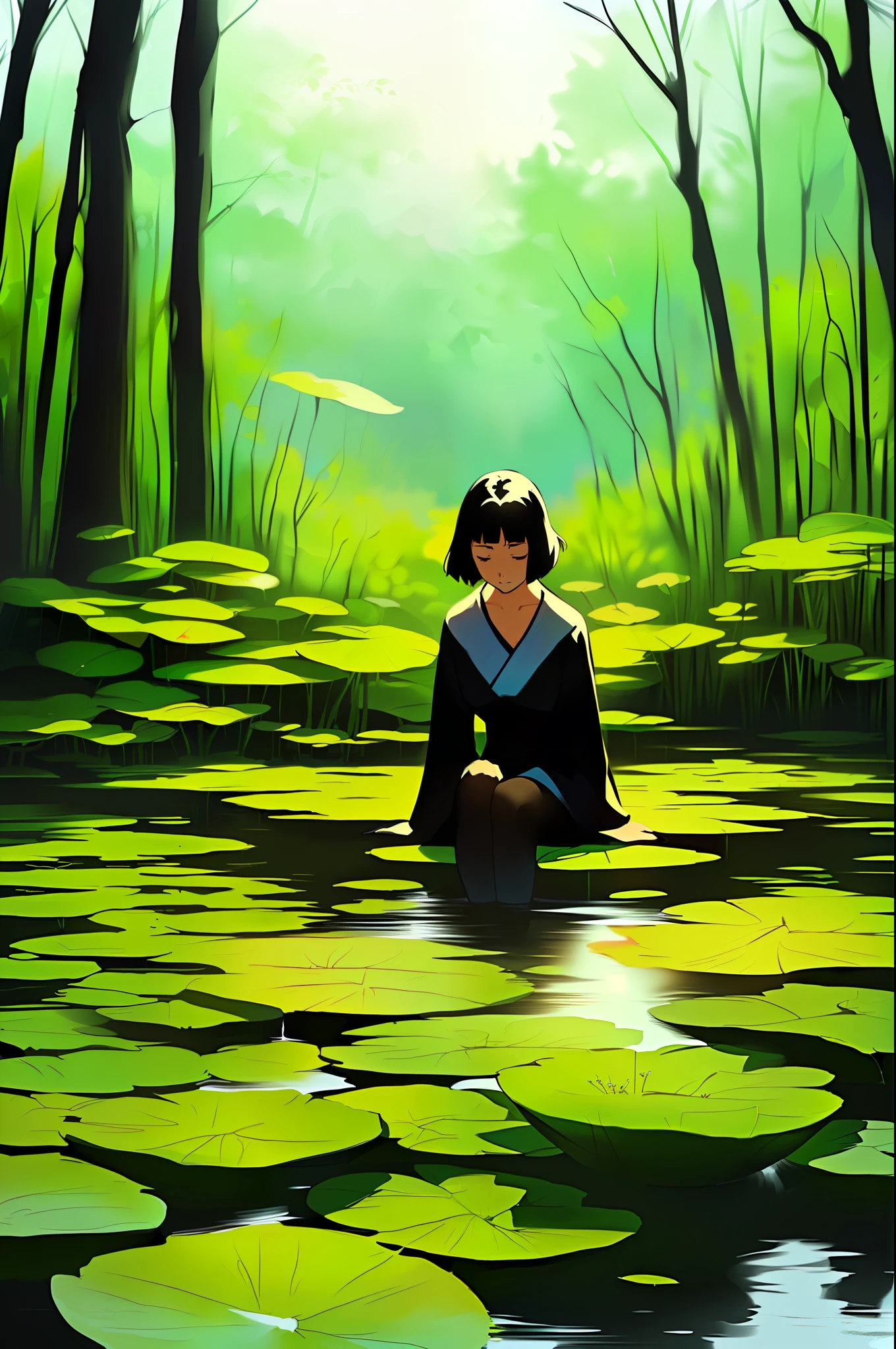 a woman sitting on a leaf in a pond surrounded by water lilies, relaxing concept art, by Li Song, by Yang J, a beautiful artwork illustration, serene illustration, anime nature, anime lush john 8k woods, by Goro Fujita, by Atey Ghailan, anime nature wallpap, background art, atey ghailan 8 k, lofi art --auto