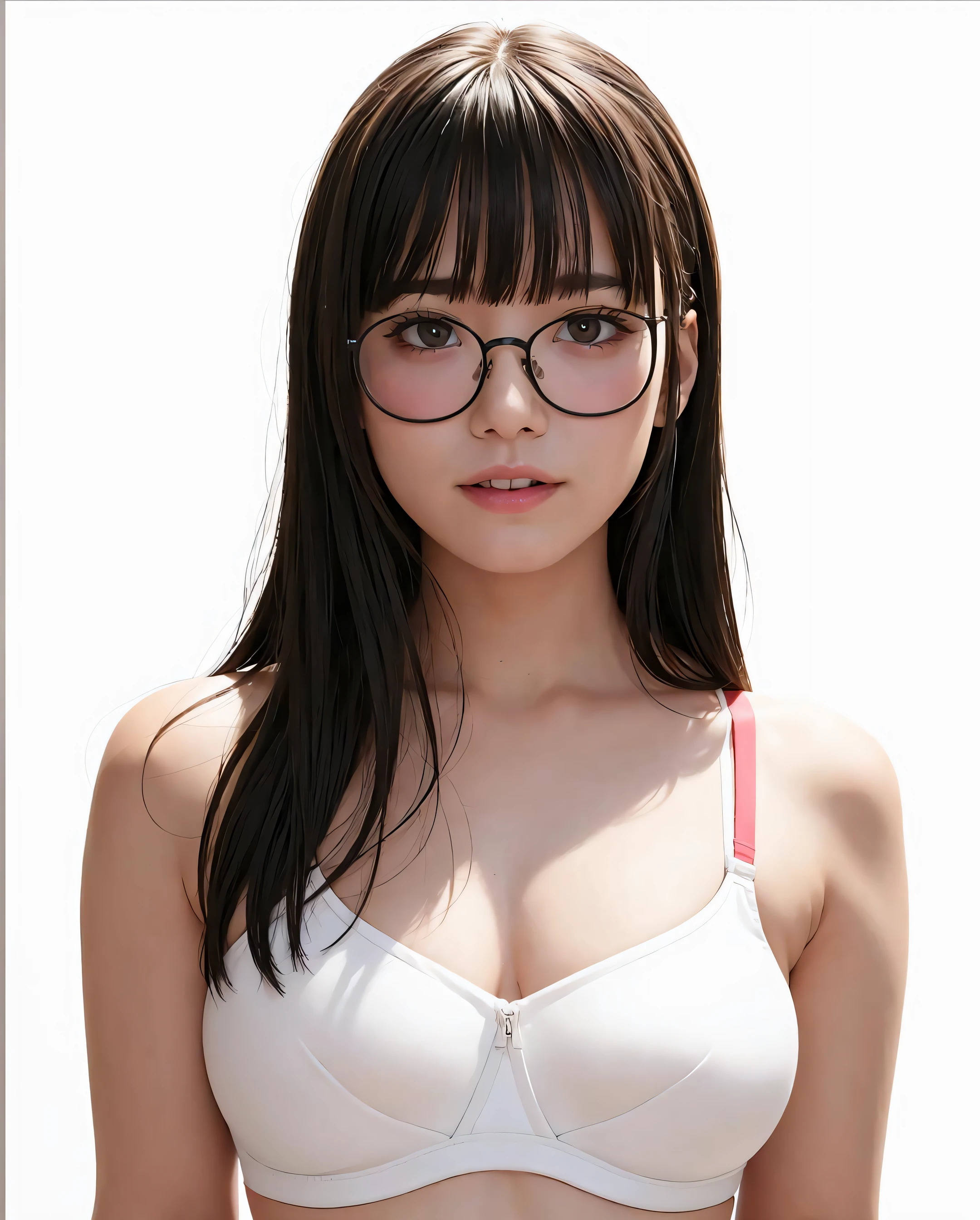 best quality, photorealistic, 8k, high res, 1girl, woman, (skindentation), (portrait:0.6), gorgeous, ((whitebackground, sport bra, small breast:1.65)), (thin-frame round glasses, long hair, parted bangs:1.6), looking at viewer, (1girl eyes looking at viewer:1.6), photorealistic, (bokeh), lips, (teeth:1.3), smile, gorgeous, pureerosface_v1:1,