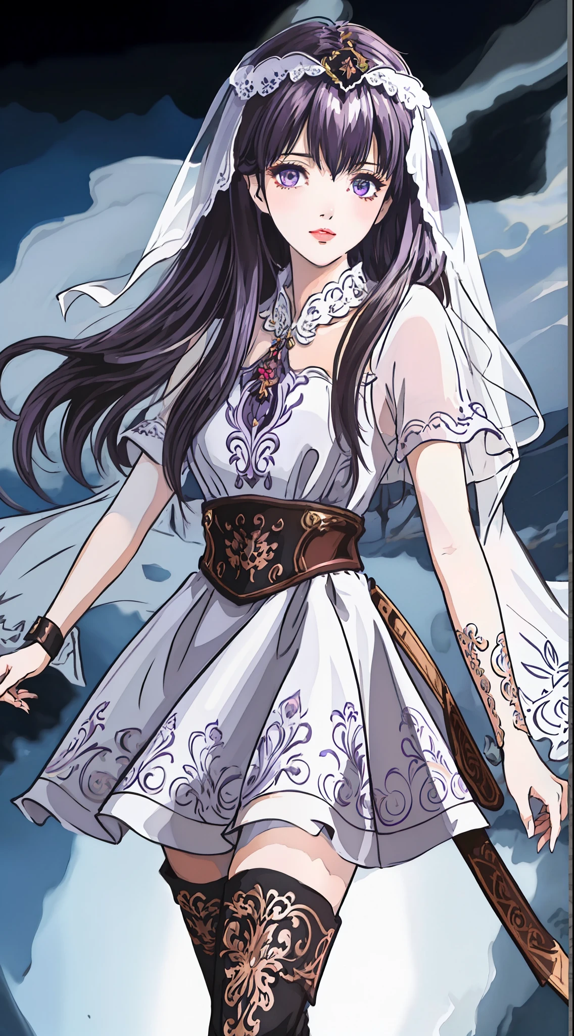masterpiece, (best quality:1.4), (ultra highres:1.2),4K quality, (delicate illustration:1.4),(8k, RAW photo:1.2),1girl,veil, purple eyes,armor, dress, thighhighs, thigh boots, cowboy shot,