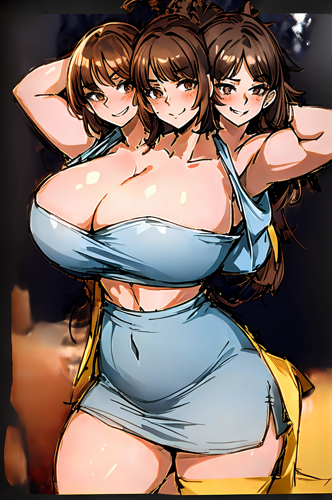 2heads, a chubby woman with 2 heads. She has enormous breasts. She is lifting her shirt up and showing her breasts. She is smiling. She is blushing. She looks seductive. Her breasts are immense.