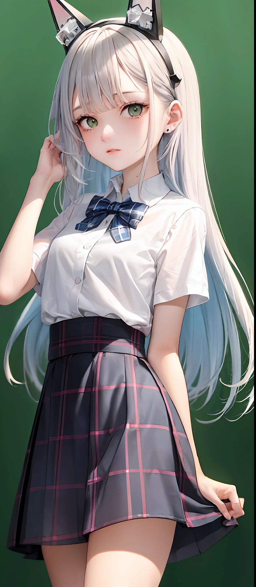 1girl, (masterpiece:1.1), (best quality:1.1), (white blouse:1.1), (plaid skirt:1.1), school uniform, high waist skirt, BREAK [blue:pink:0.5] theme, (gradient background:1.1 ), cowboy shot, BREAK silver hair, long hair,, green eyes, delicate headgear, looking sideways,