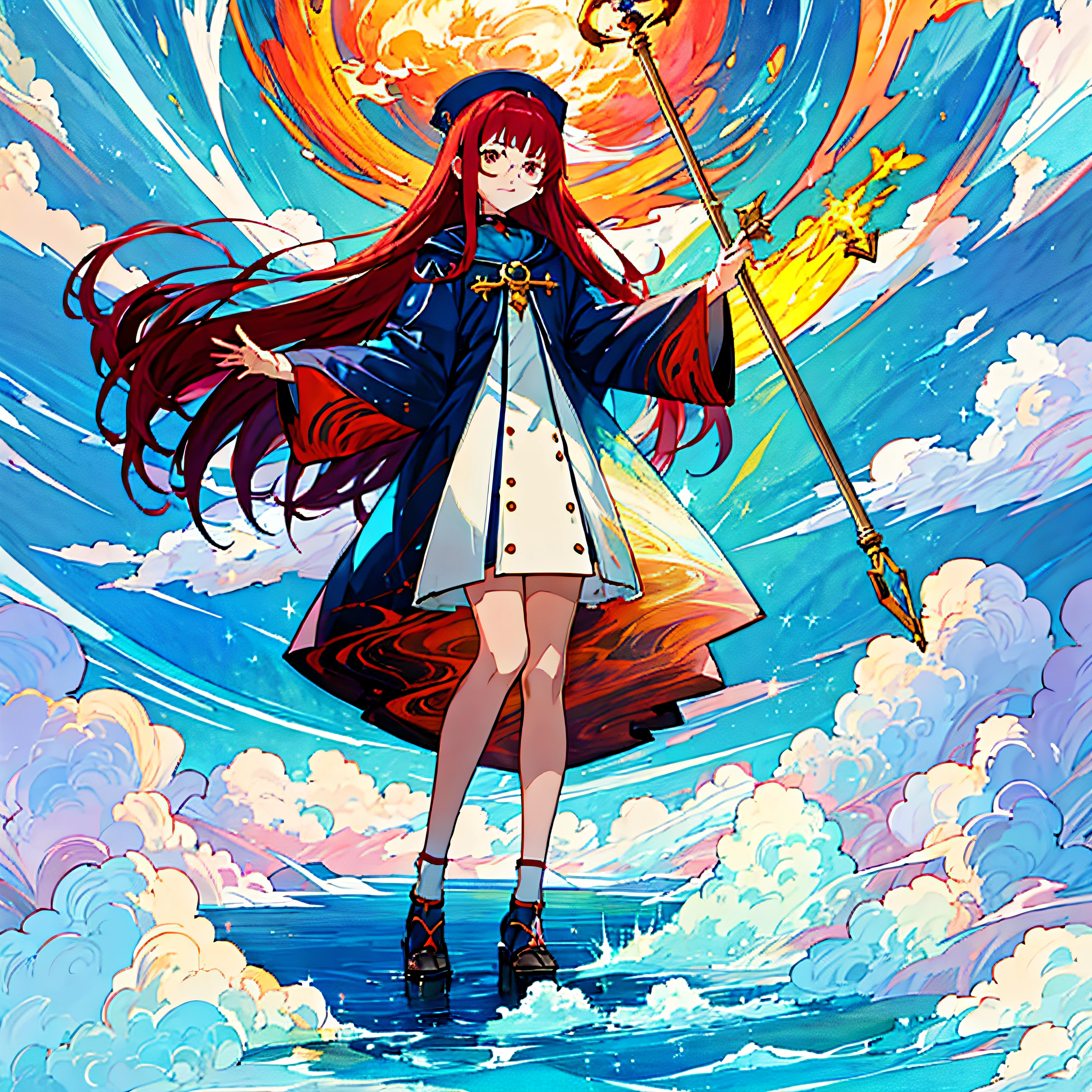 Anime girl with long red hair has a staff、standing in the water, full portrait of elementalist, cushart krenz key art feminine, official anime artwork, sky witch, ethereal anime, anime key art, marin kitagawa fanart, Detailed key anime art, anime goddess, Trending on ArtStation pixiv, beautiful celestial mage, anime fantasy illustration