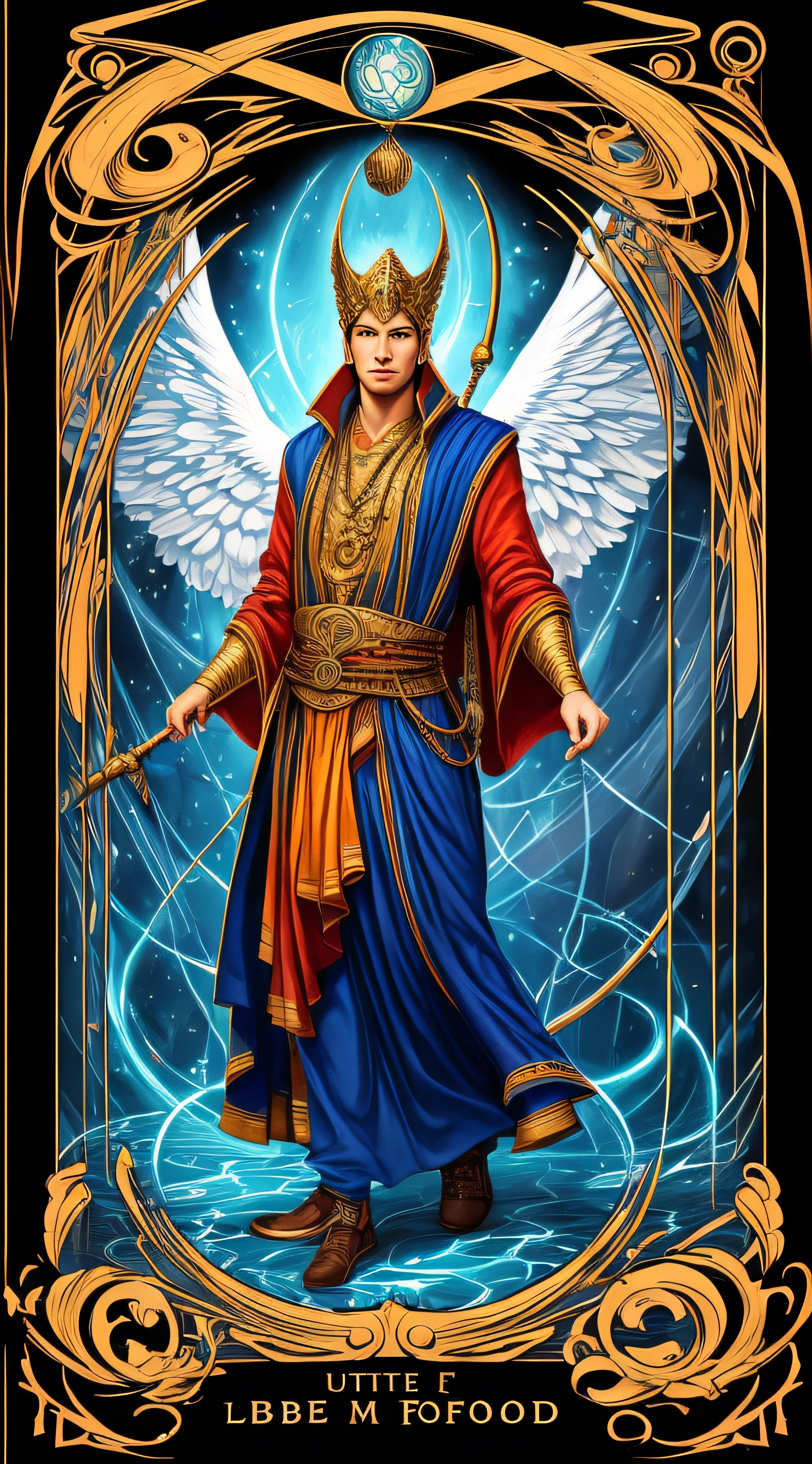 Produce an ultra-realistic, colorful and vibrant illustration of the arcane The Fool for a tarot deck in format 9:16. Depict a figure of a young man facing and standing, with open arms in a gesture of freedom and trust. The figure should have a cheerful expression and curious eyes. Adicionar luz, ethereal wings to the back of the figure, simbolizando a liberdade. Em segundo plano, Create a complex maze with different intertwined paths, containing enigmatic symbols, Como Chaves, stars and other mystical elements. Utilize uma paleta de cores vibrante, com tons de amarelo brilhante, orange and touches of vibrant blue in strategic areas. The ultra-realistic illustration should convey energy, vitality and the sense of adventure of The Fool.