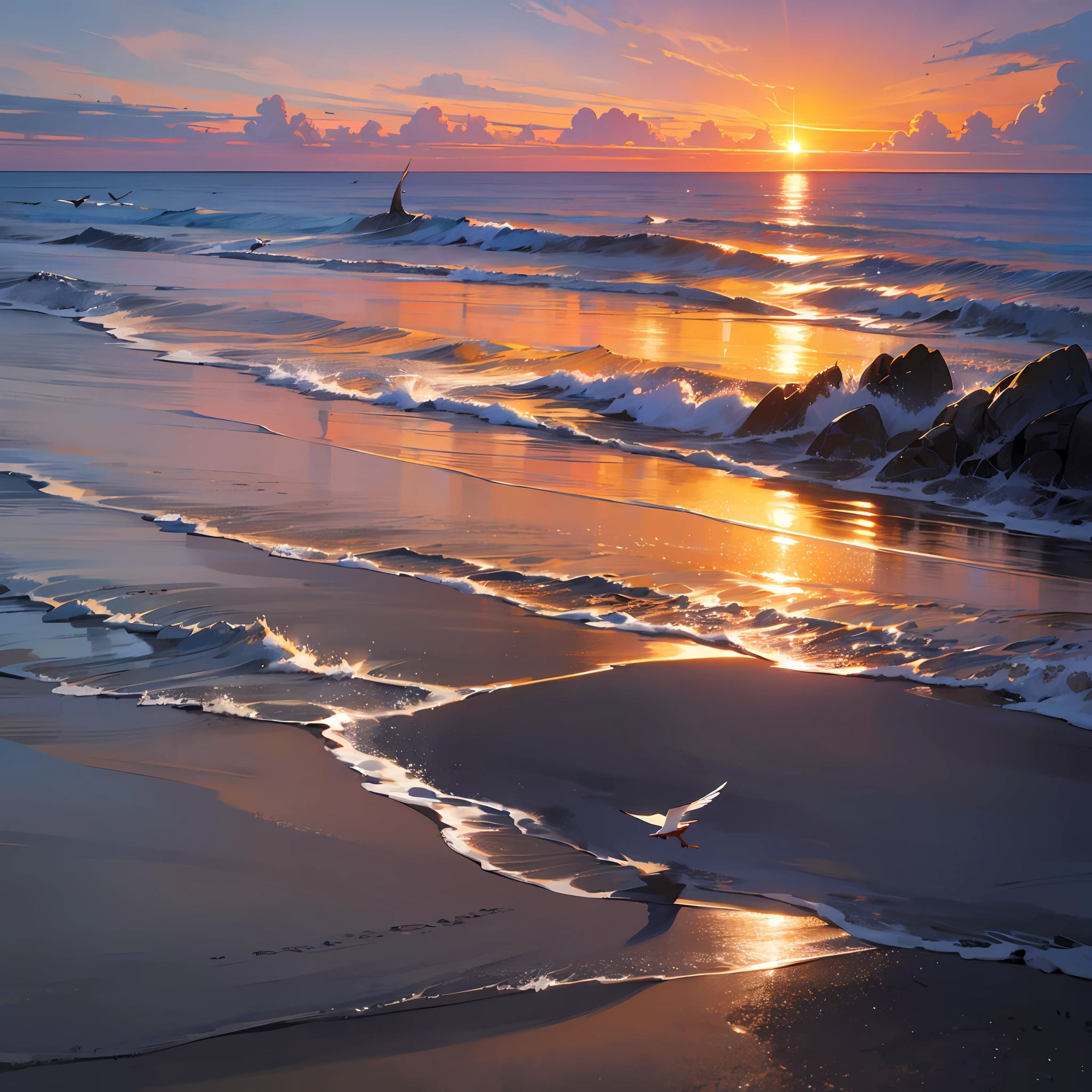 the sea,Seagulls in the sky,crepuscular,Evening clouds,The golden sun rises in the distance, ocean swells,seagulls,Modern tall house in the distance,sandbeach --auto