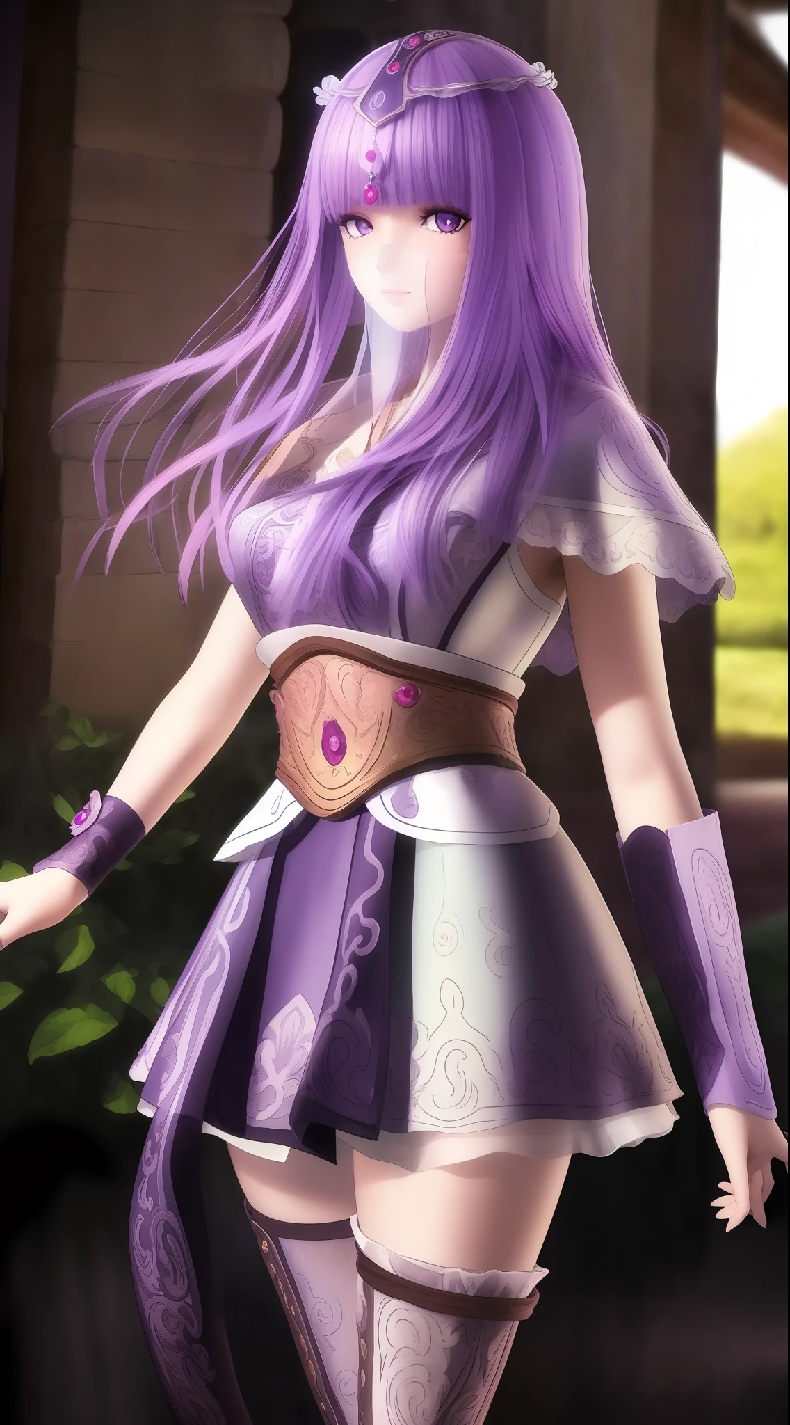 masterpiece, (best quality:1.4), (ultra highres:1.2),4K quality, (delicate illustration:1.4),(8k, RAW photo:1.2),1girl,veil, purple eyes,armor, dress, thighhighs, thigh boots,  cowboy shot,