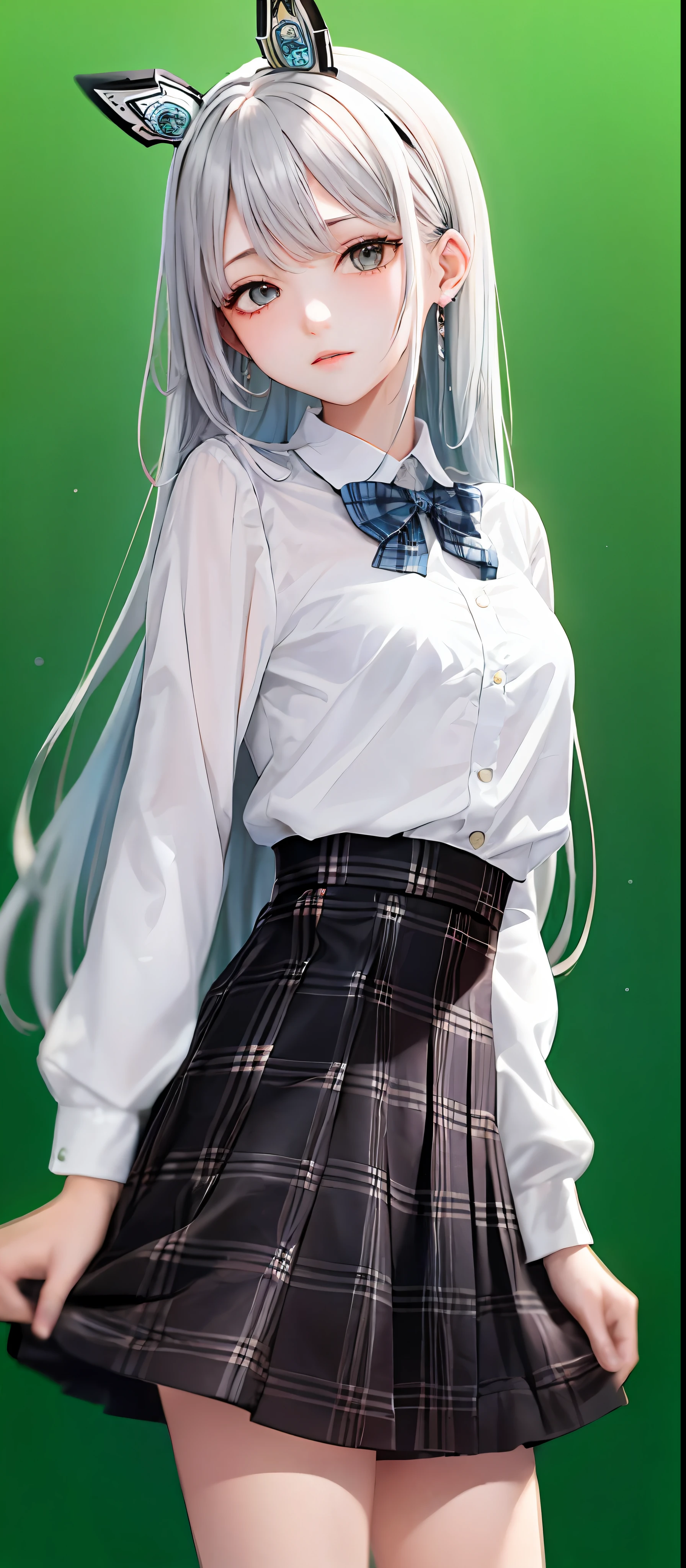1girl, (masterpiece:1.1), (best quality:1.1), (white blouse:1.1), (plaid skirt:1.1), school uniform, high waist skirt, BREAK [blue:pink:0.5] theme, (gradient background:1.1 ), cowboy shot, BREAK silver hair, long hair,, green eyes, delicate headgear, looking sideways,