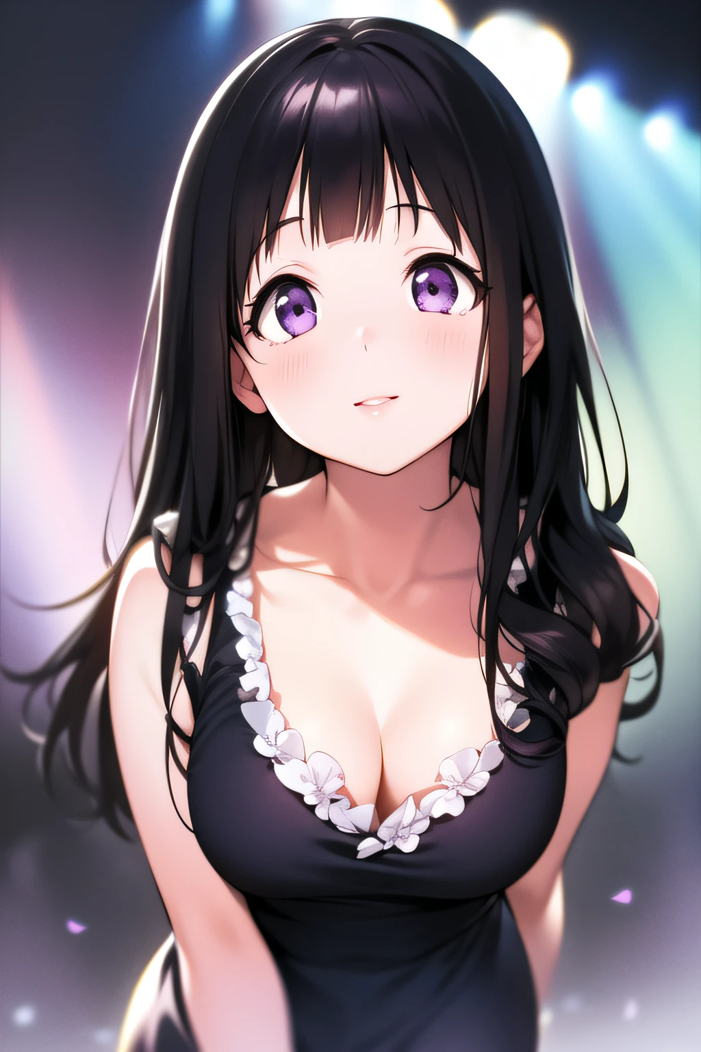 (A superb exquisite Chitanda Eru), full body, purple eyes, black hair, natural straight hair, straight bangs, solo, ((idol)), ((on stage)), extremely delicate, straight facial features, peerless beautiful girl, soft, (sensual), (ecchi), (kawaii), dreamy quality, exaggerated facial features, solid color, frank holly, delicate face, bright lips smiling, slender waist, soft curves, real light and shadow, super fine, 4k, natural moving, Ultra high resolution, (masterpiece:1.2, best quality), (finely detailed beautiful eyes: 1.2), (beautiful detailed face)