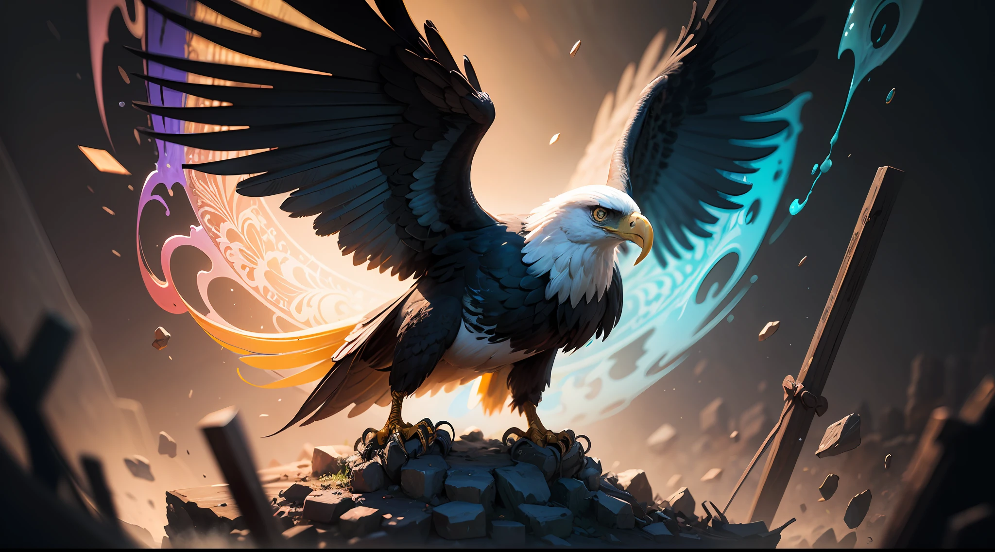 Colorful Eagle: A 28-year-old Giru, oil painting, perfect feathers, blue yellow colors, light purple and violet additions, light red additions, intricate details, welcome screen, 8k resolution, masterpiece, artstation digital painting Very smooth ink flow: 8k resolution Photorealistic masterpiece: Intricately detailed fluid gouache painting: by Jean Baptiste Mongue: Calligraphy: Acrylic: Watercolor Art, Professional Photography, Daylighting, Maximalist Volumetric Lighting Photoillustration: by Marton Bobzert:, Complex, Elegant, Expansive, Fantastic, Vibrant, Best Quality Details, Realistic, High Definition, High Quality Texture, Epic Lighting, Motion Picture Still, 8k, Soft Lighting, Anime Style, Masterful Playing Card Edge, Random Colorful Art, Oil Painting, Blue Yellow Colors, Purple Color Additions clear and violet, light red additions, intricate details, welcome screen, 8K resolution, masterpiece, artstation digital painting Very smooth Black ink flow: 8K resolution Photorealistic masterpiece: intricately detailed fluid gouache painting: by Jean Baptiste Mongue: Calligraphy: acrylic: watercolor art, professional photography, natural lighting, volumetric lighting Maximalist photoillustration: by Marton Bobzert:, complex, Elegant, expansive, fantastic, vibrant