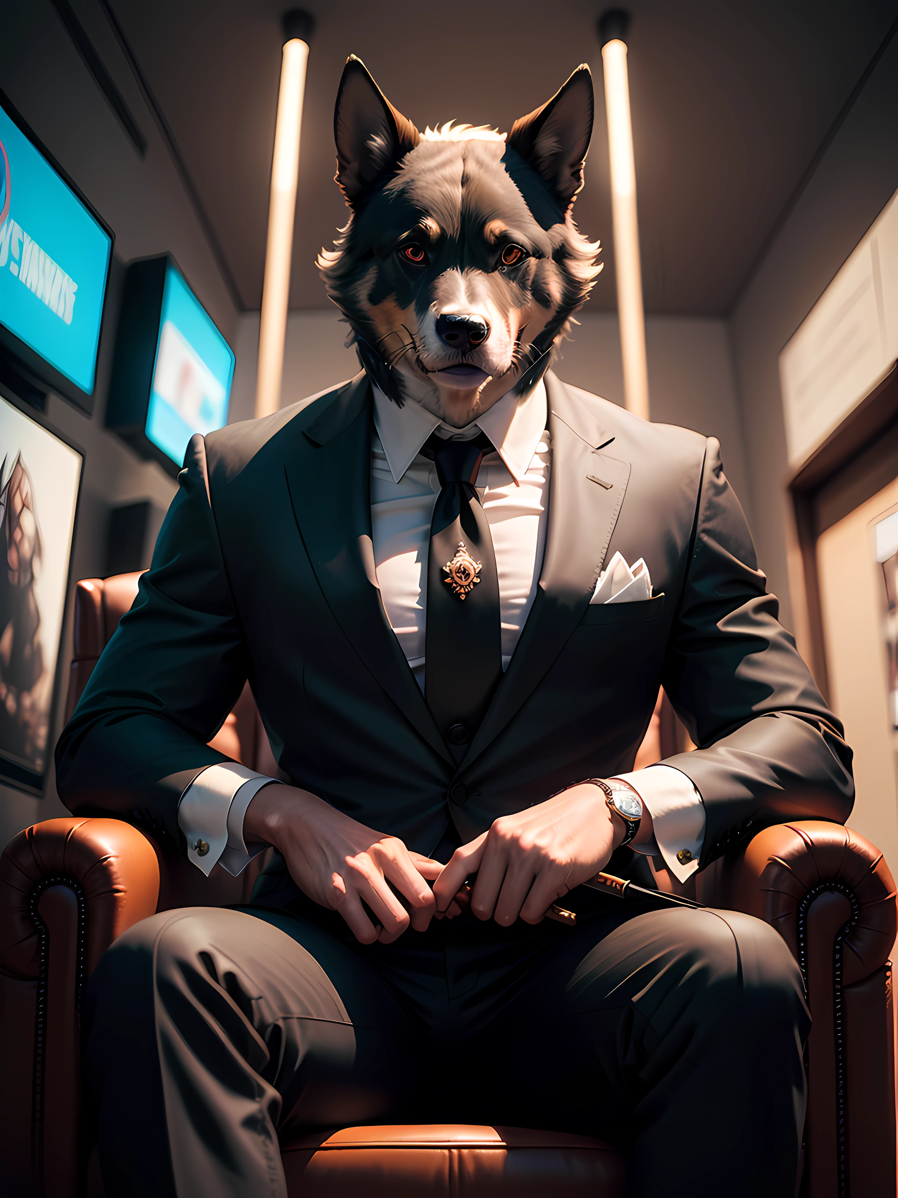 A majestic hybrid creature with a dog's head, seated on a luxurious throne, exuding a Miami gangster mafioso atmosphere, rendered in ultra HD 4K. The creature possesses a human body with strong canine features, dressed in an impeccably tailored suit complete with a tie and cufflinks. Its dog head is adorned with a fedora tilted at a rakish angle. With a confident demeanor, the hybrid creature gazes out with piercing eyes, holding a golden-tipped cane in one hand. The throne is crafted from polished black leather, accentuated by silver studs and intricate carvings of snarling dogs. The scene is bathed in the vibrant glow of neon lights, casting a seductive ambiance on the creature's regal presence. The background reveals a nocturnal Miami cityscape, with palm trees swaying in the warm breeze and extravagant sports cars lining the streets. This image is captured in a realistic photographic style, utilizing a high-definition camera with a prime lens, allowing for crisp details and a shallow depth of field that accentuates the hybrid creature's commanding presence
