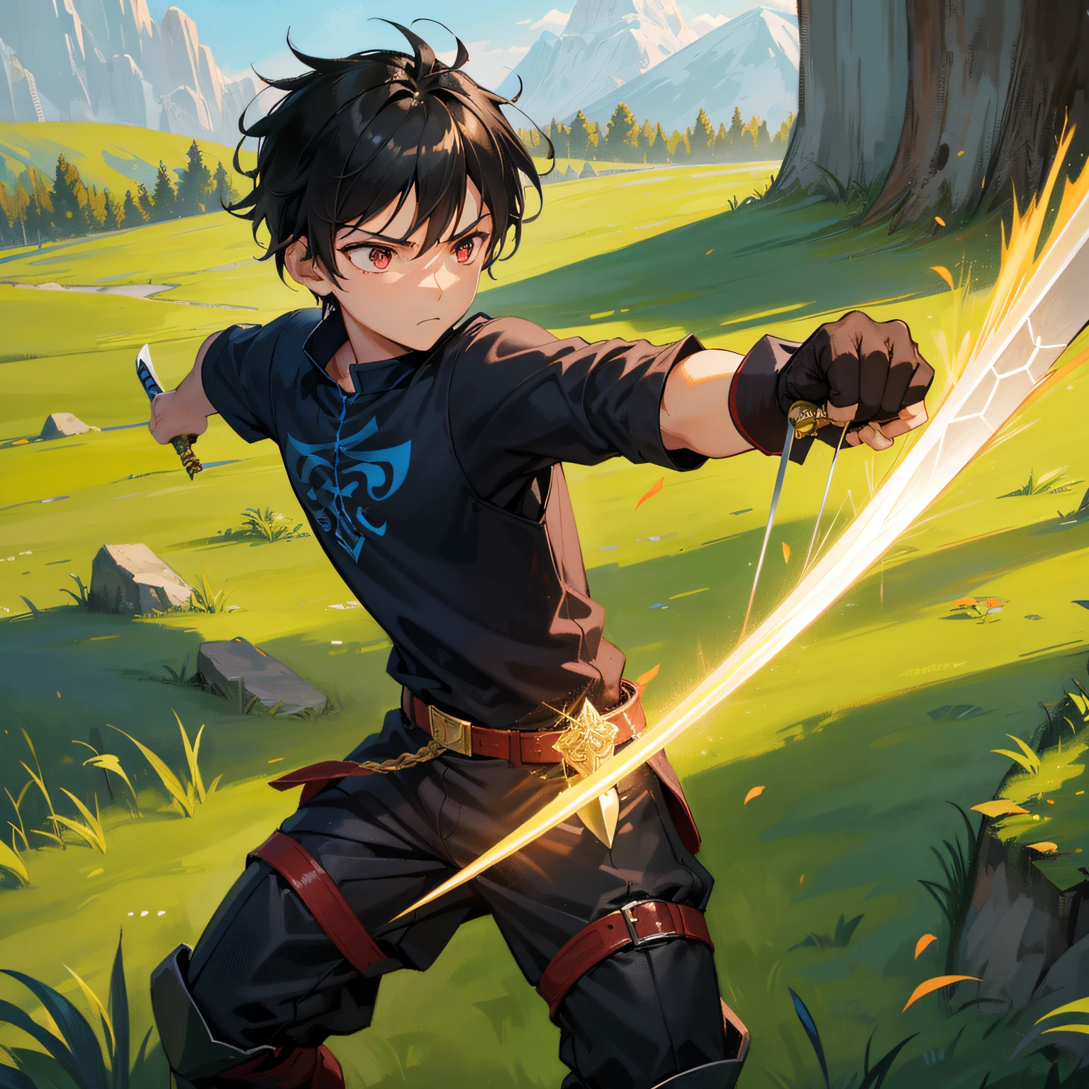 (man holding a sword of fire pro self,
his hair is black, he's on a mountain holding a sword of fire for self) --auto