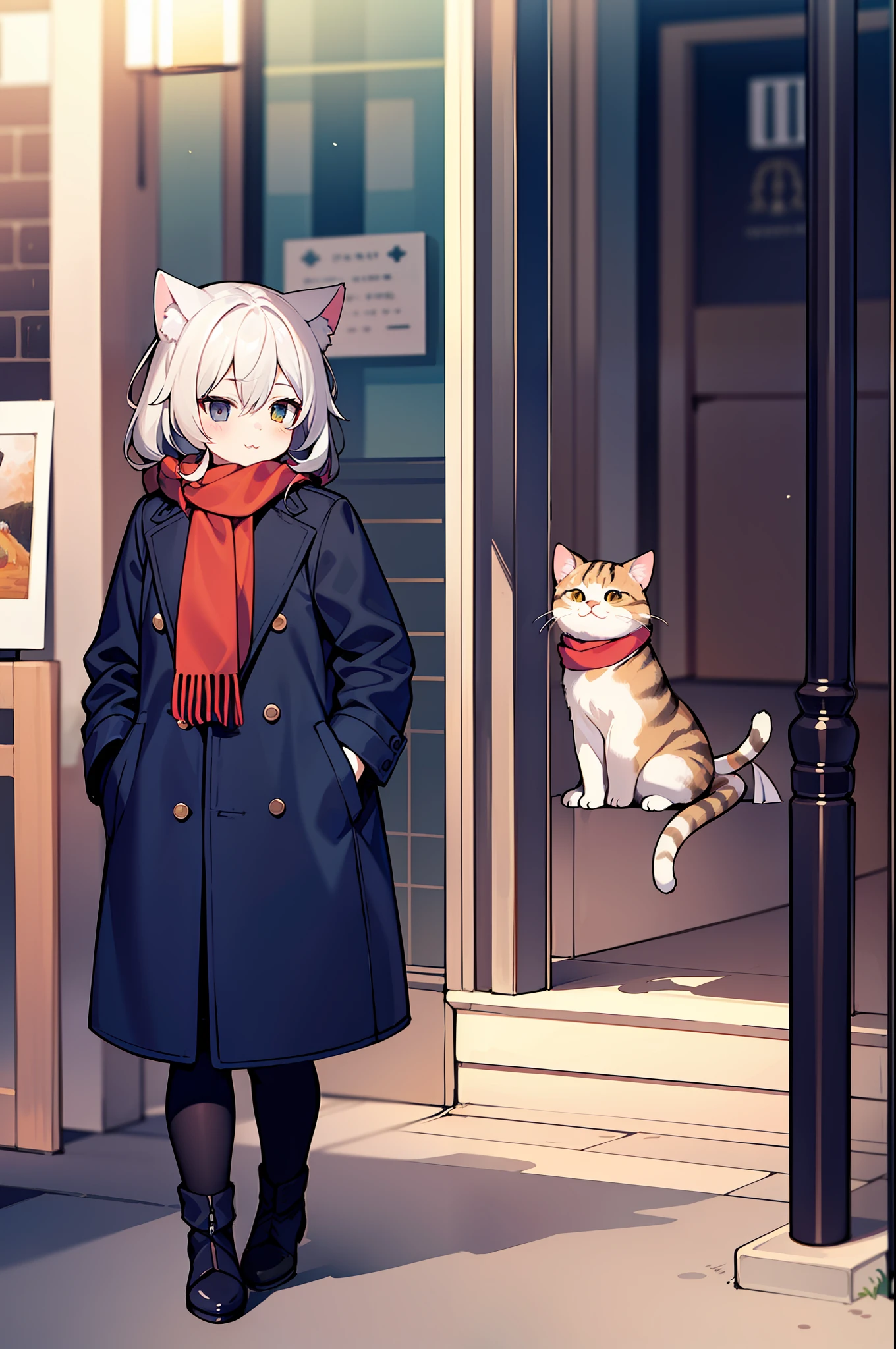 masterpaintings, Need, 1girl, gray hairs, middle length hair, cat ear, eye closeds, looking at the spectator, :3, lovly, scarf, jaket, exteriors, the street,Lori