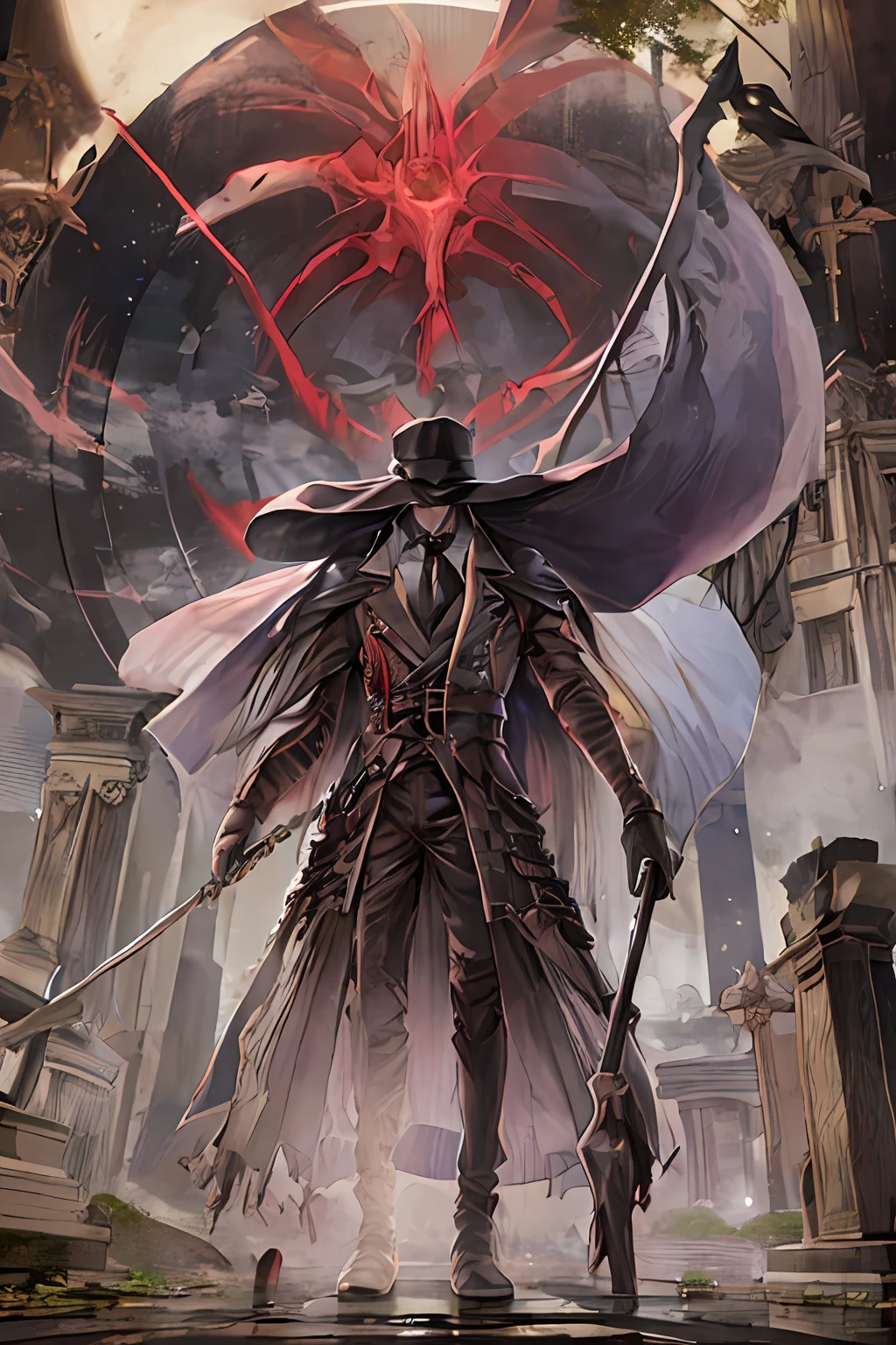 Izuku Midoriya as the grim reaper wearing plague doctor's clothes wielding a scythe on a cementary under the crimson moonlight