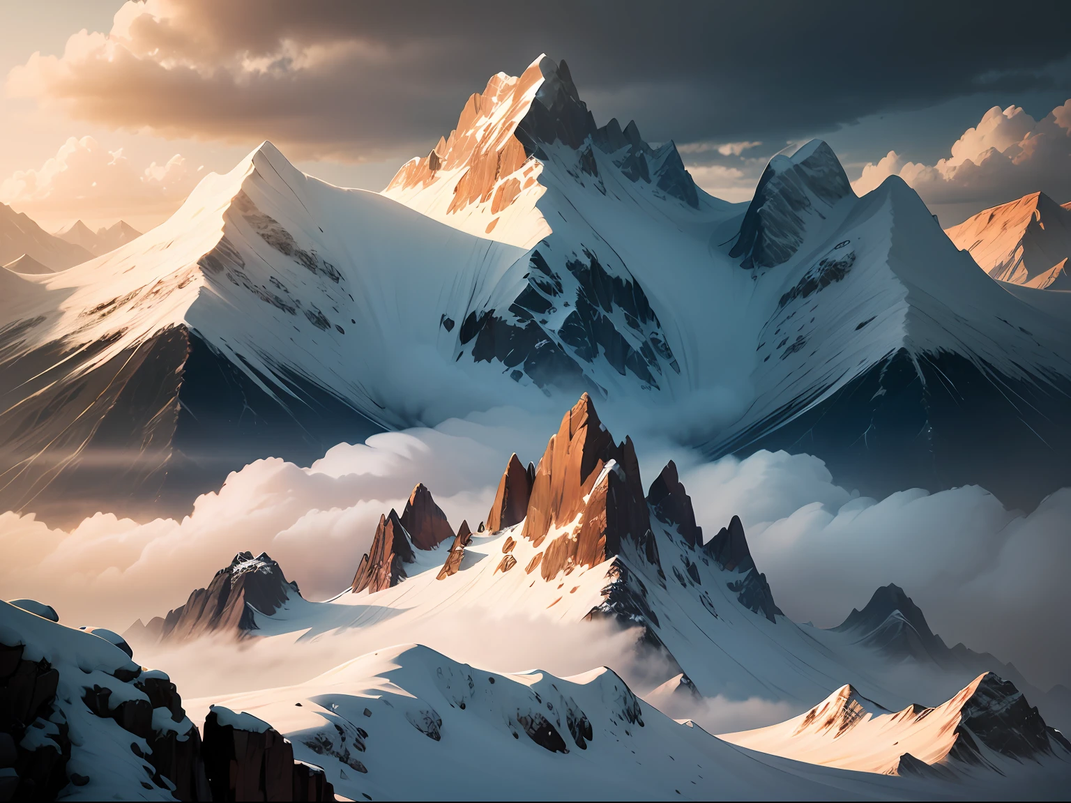 gloomy lighting, mountains, dramatic lighting, very cloudy, gloomy clouds, snowy mountain tops, dark sky, dusk, photography, extremely detailed, intricate detail