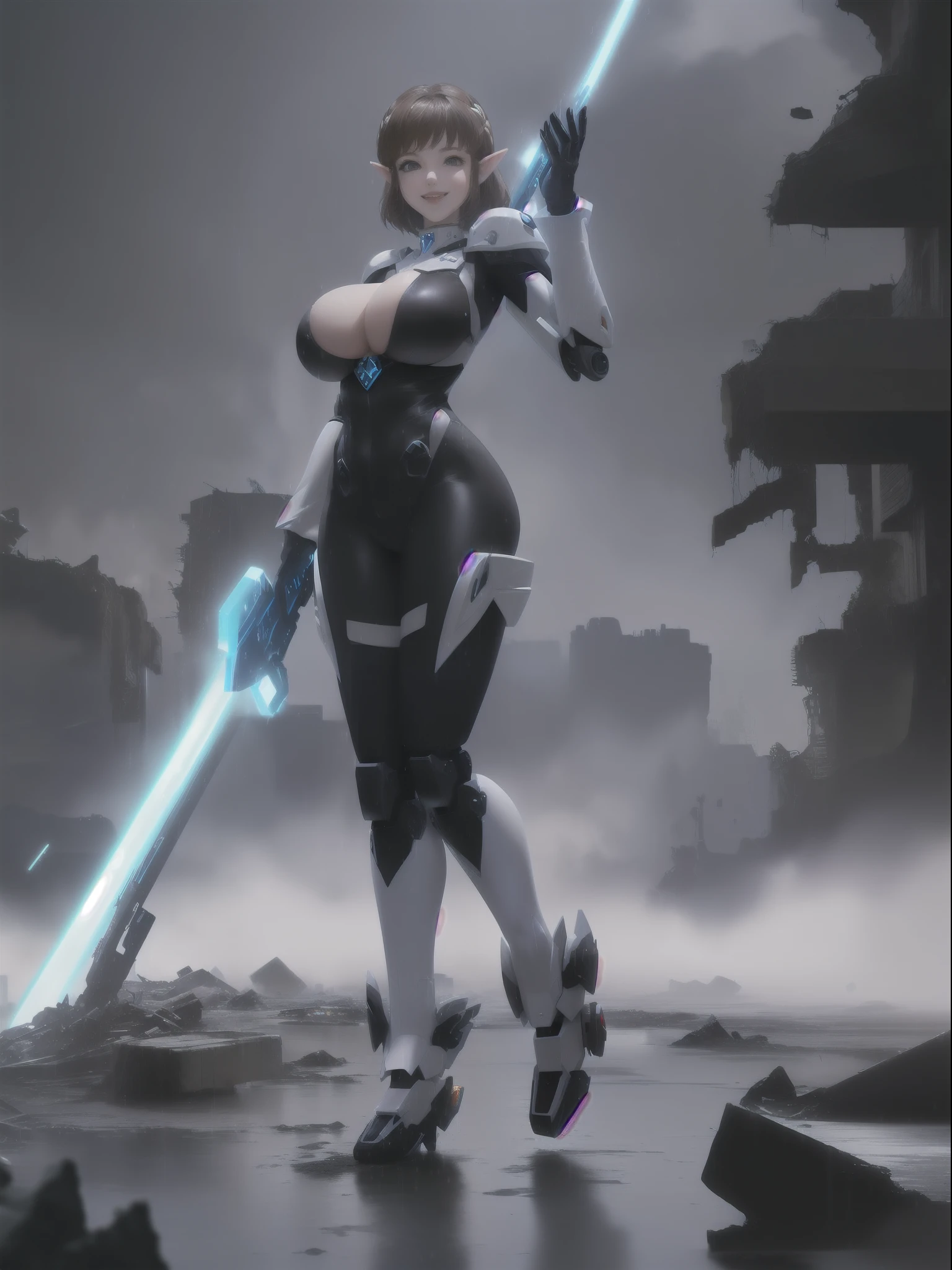 ((full body):1.5), {(Princess Zelda)}, {(((wearing black mecha costume with white parts extremely tight on her body)), ((extremely large breasts)), ((short brown hair, eyes blue)), is looking at the viewer, smiling, ((doing erotic pose)) holding futuristic weapons), (background: destroyed city, ((raining heavily))))},16k, high quality, high detail, UHD