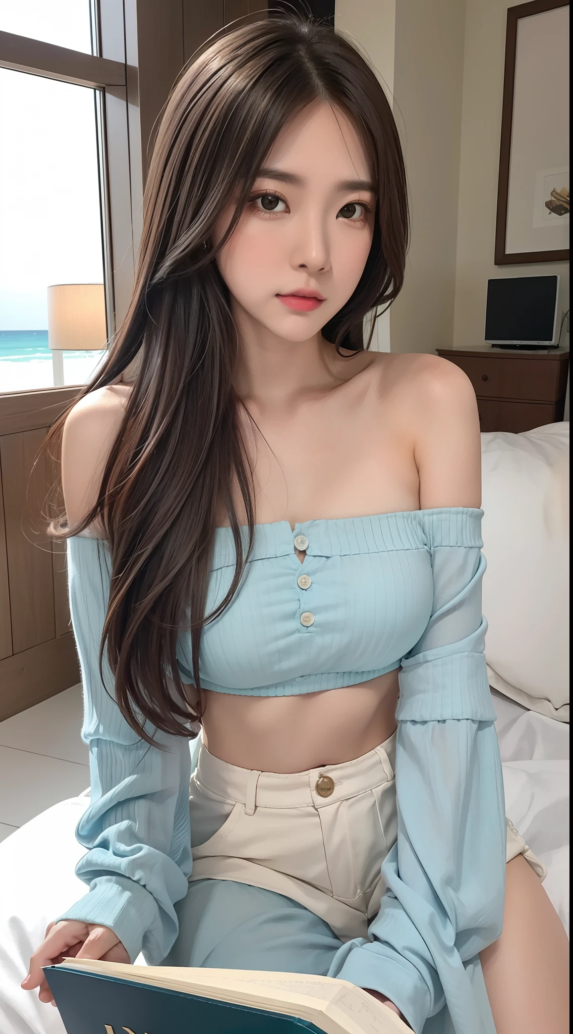 (Realista, Fotorrealista: 1.37), (8k, Fotos RAW, Qualidade Superior, Obra-Prima: 1.2), (realistic illumination)), Foco Claro: 1.2, 1 Menina, Beleza Corporal Perfeita: 1.4, Slim Abs: 1.1, ((Cabelo Castanho Escuro, Grande: 1.3)), (semi-nua: 1.4), (Ao Ar Livre, Noite: 1.1), Paradisiacal beach, Rosto Esguio, Olhos Finos, 双眼皮, Absurdo de decote exposto, messy hair, Cabelo flutuante,