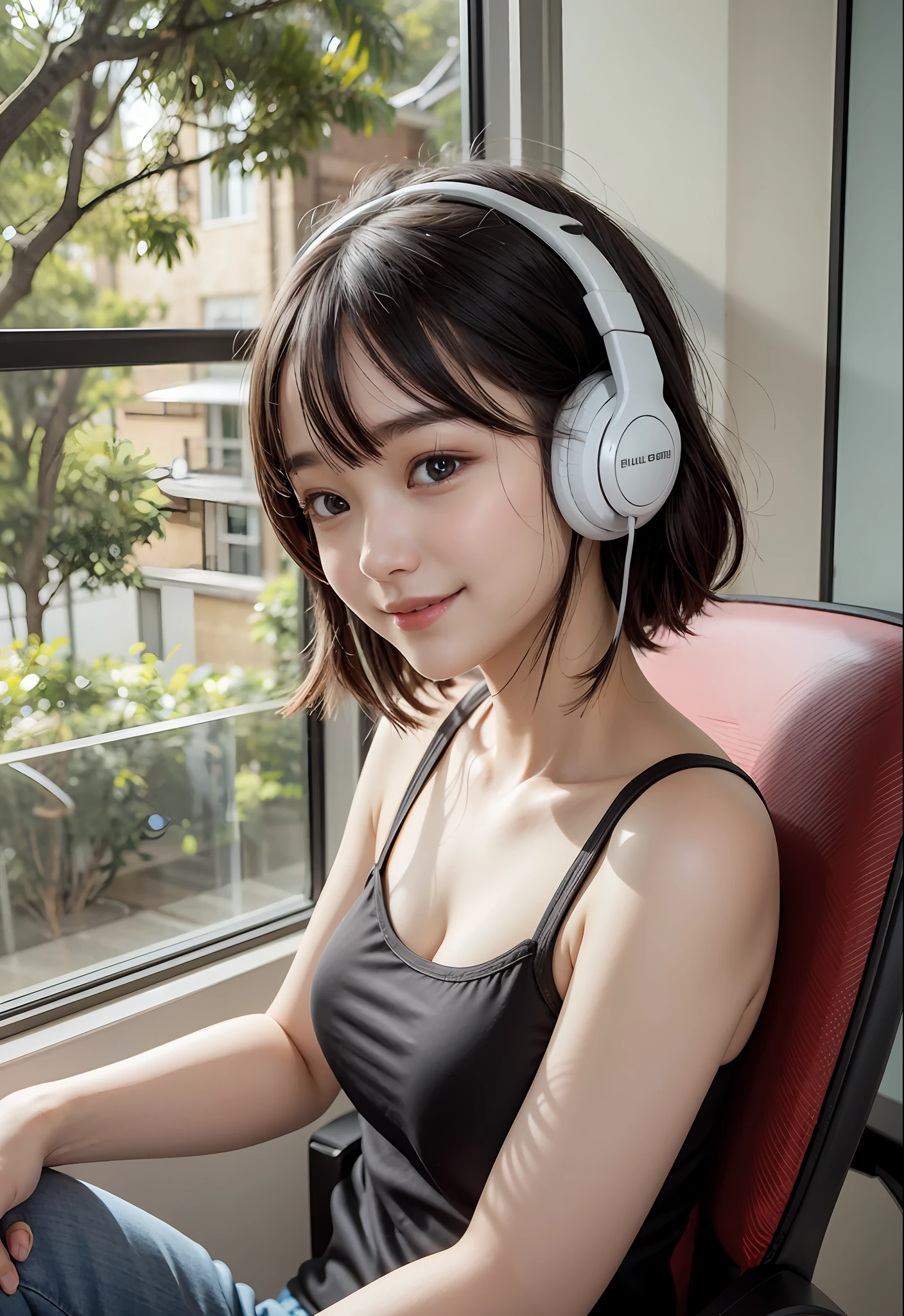 1 girl、巨作、最好质量、realisitic、16yearsold、Little chest、Kojiri、Charming eyes、head phone、Gaming Chair、Tank tops、a smile、extremely detailed
