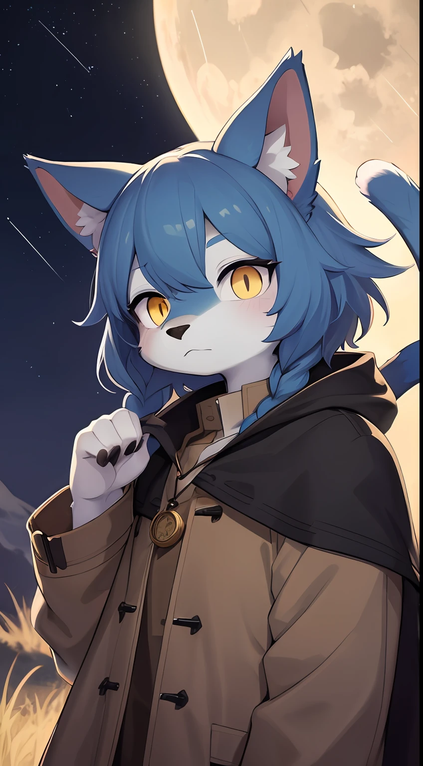 Cat boy,was hairy,shaggy,Skin fur,Smoothes lashes,Indigo fur,Forelimb hands,Short hair in men, Low twin braids' hair is scattered,solid circle eyes,Indigo ears,Indigo fur,Indigo facial fur,Short indigo hair,Hairline, Shiny hair, Wavy hair,Golden eyes,Super cute face,Cat tail,Fluffy tail,furry tail, Expressionless,Glowing eyes,Pocket watch in hand,Brown cape,Brown trench coat,ambientlight,Ultra-fine fur,volumettic light,dashed eyes, bangs, Stargazing,lightand shade contrast, ultra high def, 巨作, High quality, high-details, Best quality,Castle background,A sky full of stars,Meteor,Night,full moon