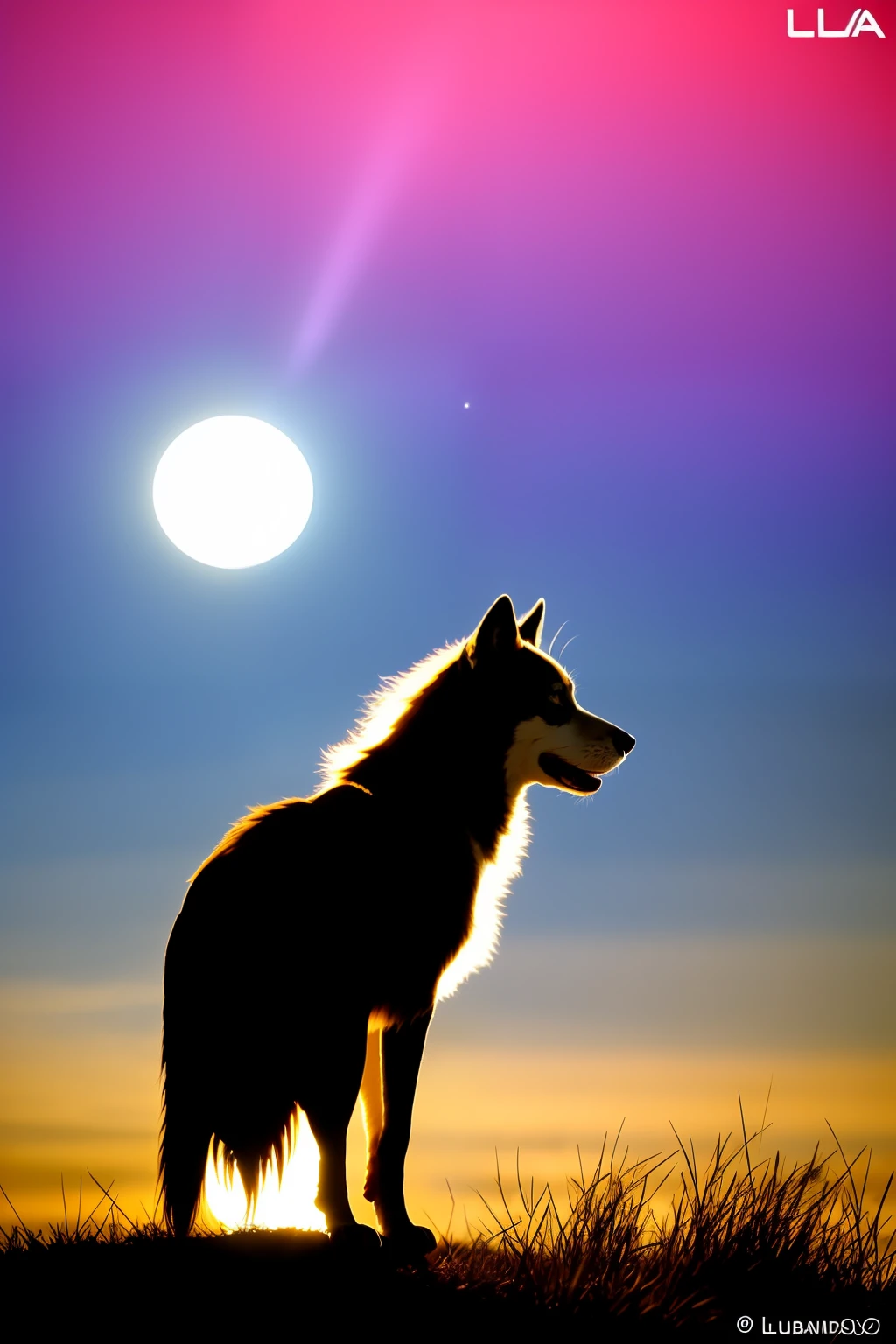 um lobo a noite uivando para a lua cheia