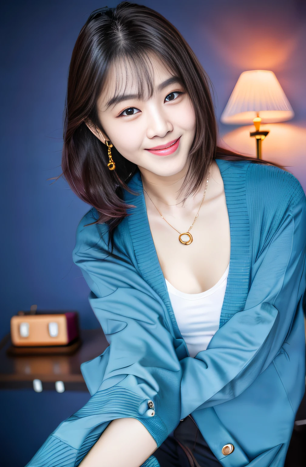 a smile、Blue cardigan、White shirt、hotel