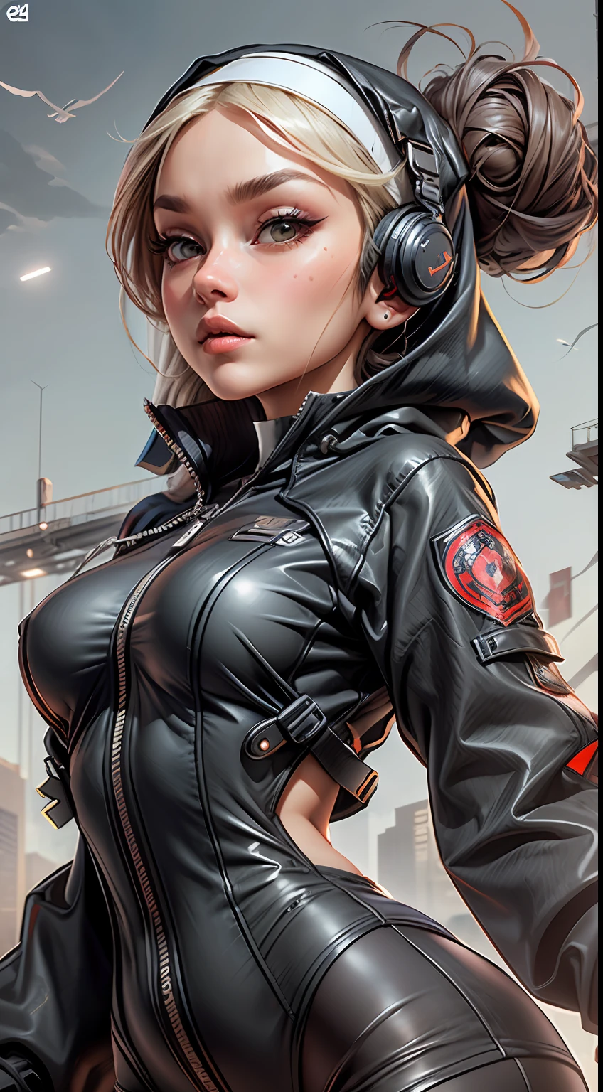 (An ultra-detailed CG illustration with high-quality and dynamic angles: 1 nun is featured wearing a desirable techwear jacket, revealing a line of sexy, futuristic clothing.)