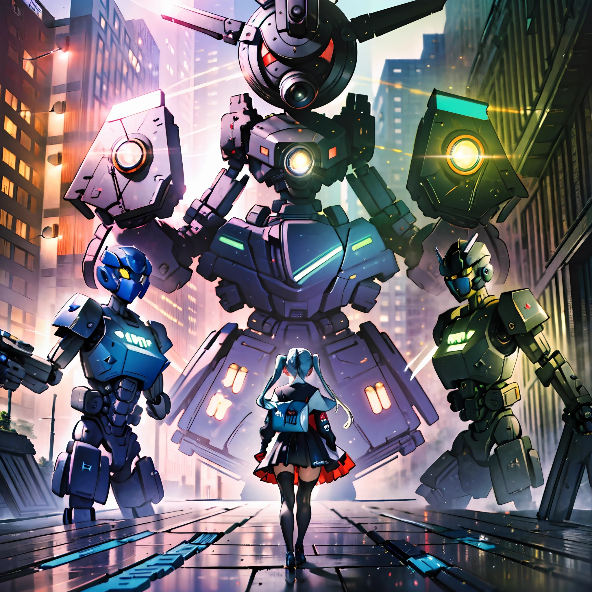 (award winning 64k concept art:1.3) of (young woman in front of giant robots:1.3), close to camera, sweet, front, epic, (masterpiece:1.4), (best quality:1.4), Amazing, beautiful, finely detailed, (Depth of field:1.4), extremely detailed 64k, fine art, stunning, (light reflections:1), (crisp:1.6), red twin tails, vibrant, (edge detection:1.4), absurdres, impressive, 120mm, clear, lens flare, wide shot, wide angle, colorful