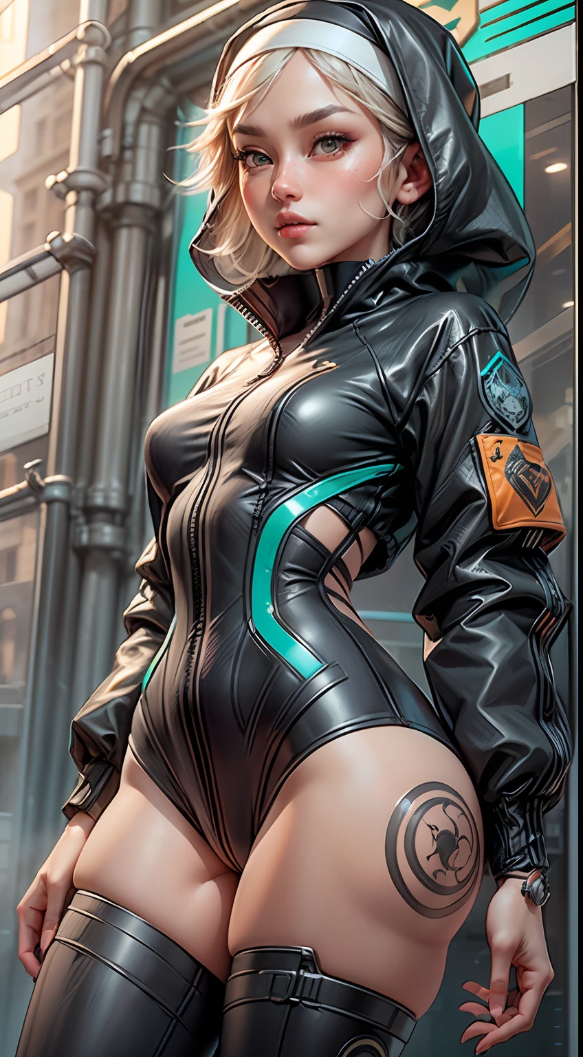 (An ultra-detailed CG illustration with high-quality and dynamic angles: 1 nun is featured wearing a desirable techwear jacket, revealing a line of sexy, futuristic clothing.)