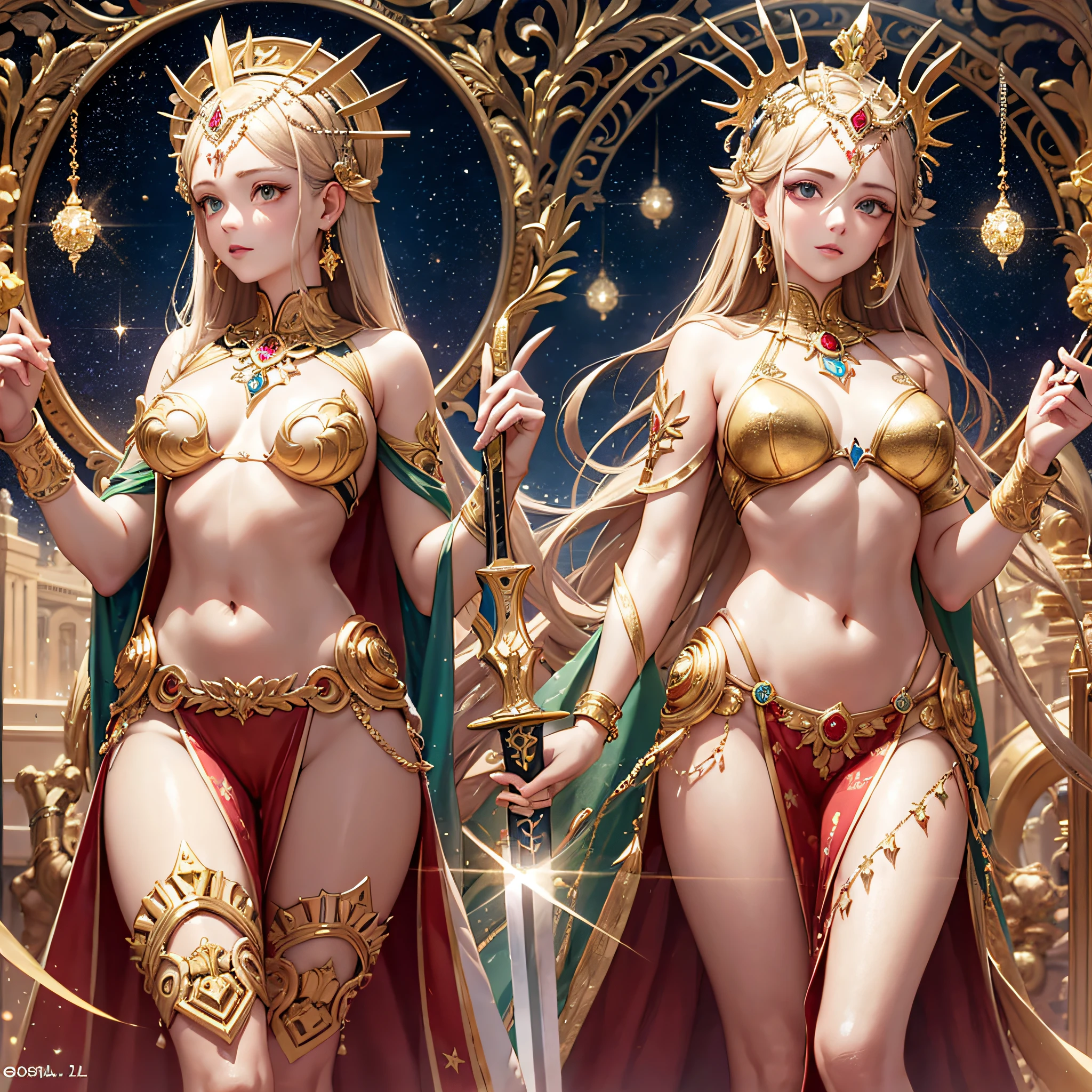 Unbeatable masterpiece,the best quality,starry light,Left and right symmetry,mistic,(Complicated details:1.2),Beautiful,opulent,goddesses,(Gold,Pedras preciosas,A mechanical,oras),hyperrealistc,Aesthetic symbols,golden section,Sword in the stone