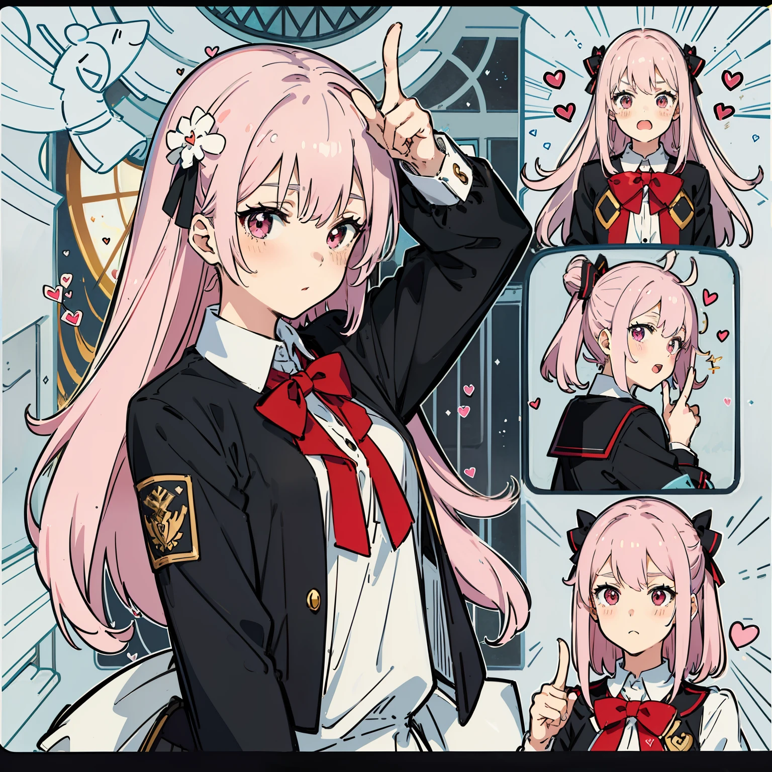 a pink haired anime girl in school uniform pointing her finger, in the style of humor meets heart, light crimson and white, sōsaku hanga, blocky, Eye-catching, bombacore,