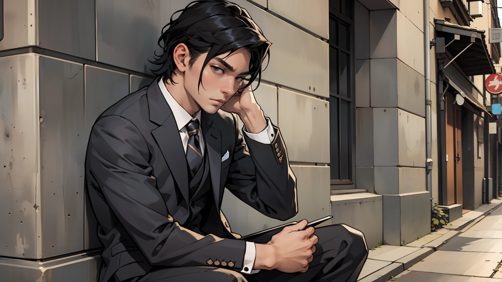 Man dressed in suit, thoughtful look of black hair, sitting within a meter of tokio