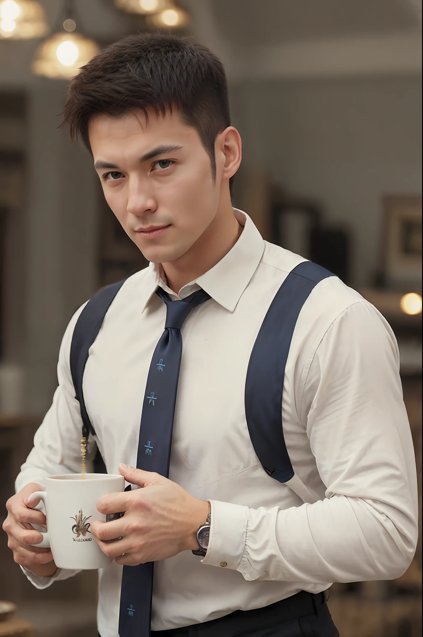 1man,
a 30 y.o muscular male wearing long-sleeve white shirt and tie, drinking coffee,
soft lighting,
masterpiece, best quality, 8k uhd, dslr, film grain, Fujifilm XT3 photorealistic painting art by midjourney and greg rutkowski