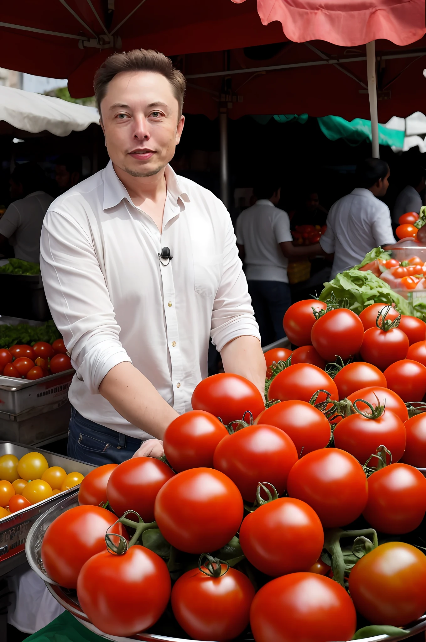 (high resolution, realistic CG), Elon Musk, selling, fresh, juicy tomatoes, on bustling streets of India, colorful, vibrant setting, street vendors, busy crowds, traditional market stalls, casual attire, bright eyes, (tomatoes + street food:1.2), authentic atmosphere.RAW photo, a portrait photo of Elon musk, natural skin, 8k uhd, high quality, XT3