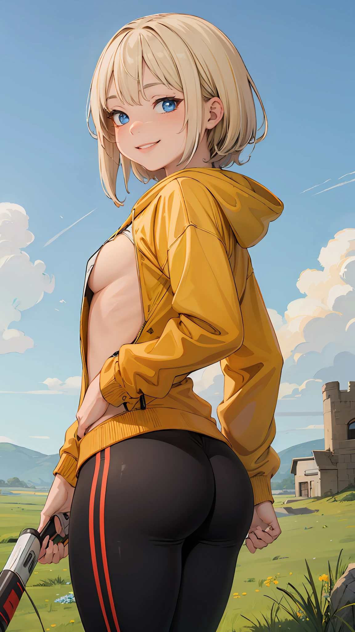 best quality, masterpiece, small breasts, smile, sweatshirt, leggings, outdoors, alone, anime style, grass field, daytime, blue sky, blue eyes, detailed eyes, medium hair, blonde hair, loose hair, bangs, ass,