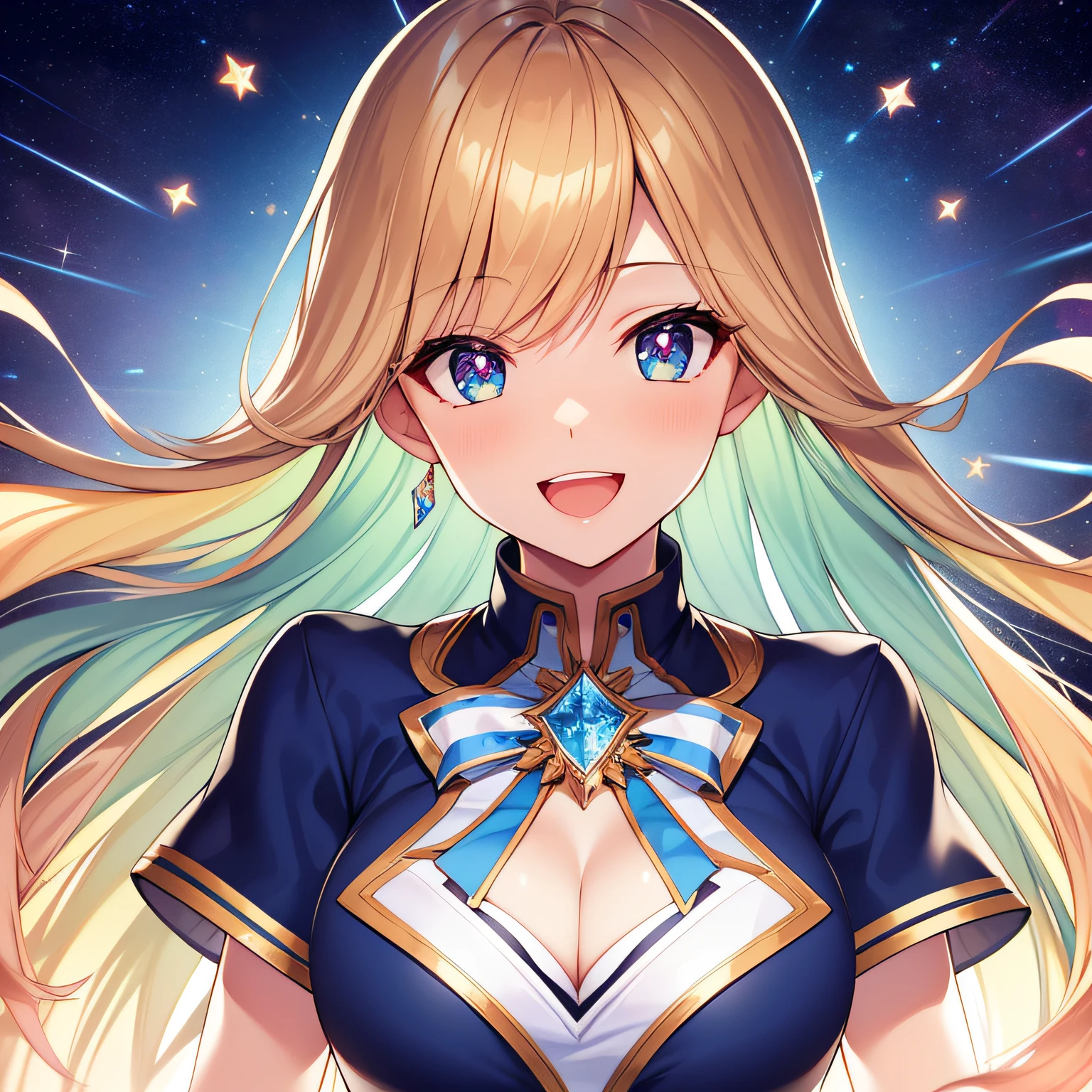Chest out, absurdist, superfine illustration,rainboweffect, Hi-Def, ultra hyper-detailed,Light diffusion,highly detailed light reflection, Kaleidoscope, harmonious, Best Shadow, highly detailed very beautiful big smile face, ;D, beautiful growing crystal diamond star pupil, looks at viewer, beautiful detailed hair, Solo, Dynamic Pose, beautiful detailed High school uniform, Fantastic and sparkling throughout、Shooting stars and windy background detail background