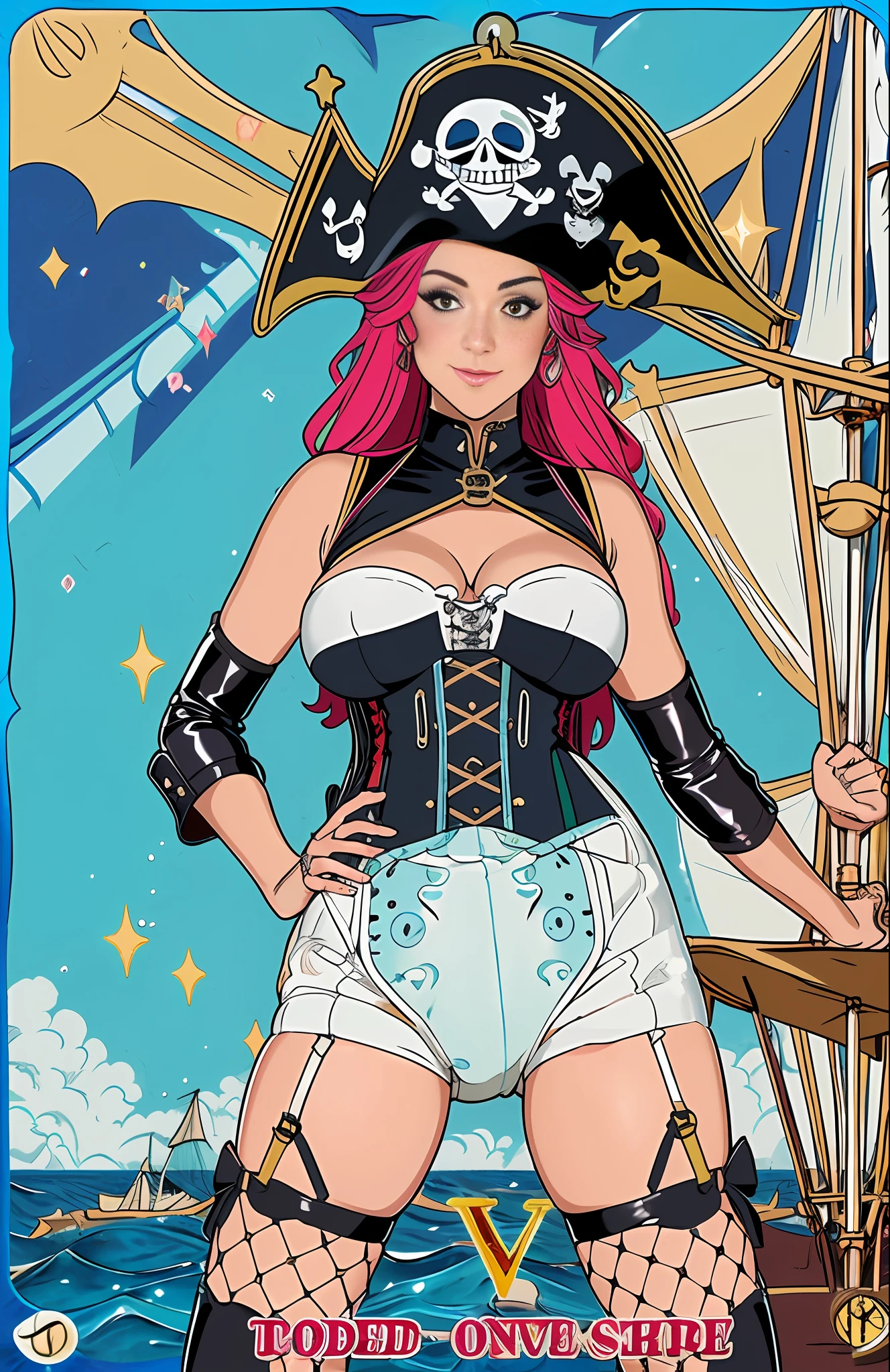 Sexy girl wearing (big diaper), ((Miss Fortune)), busty, (big breasts), wide hips, (latex), stockings, fishnets, (corset), (hypnotic), (magical), (blushing), pleasure, (orgasmic), colorful, ((mommydom)), ((pirate)), (pirate ship), ocean, sails, sunlight, tropical