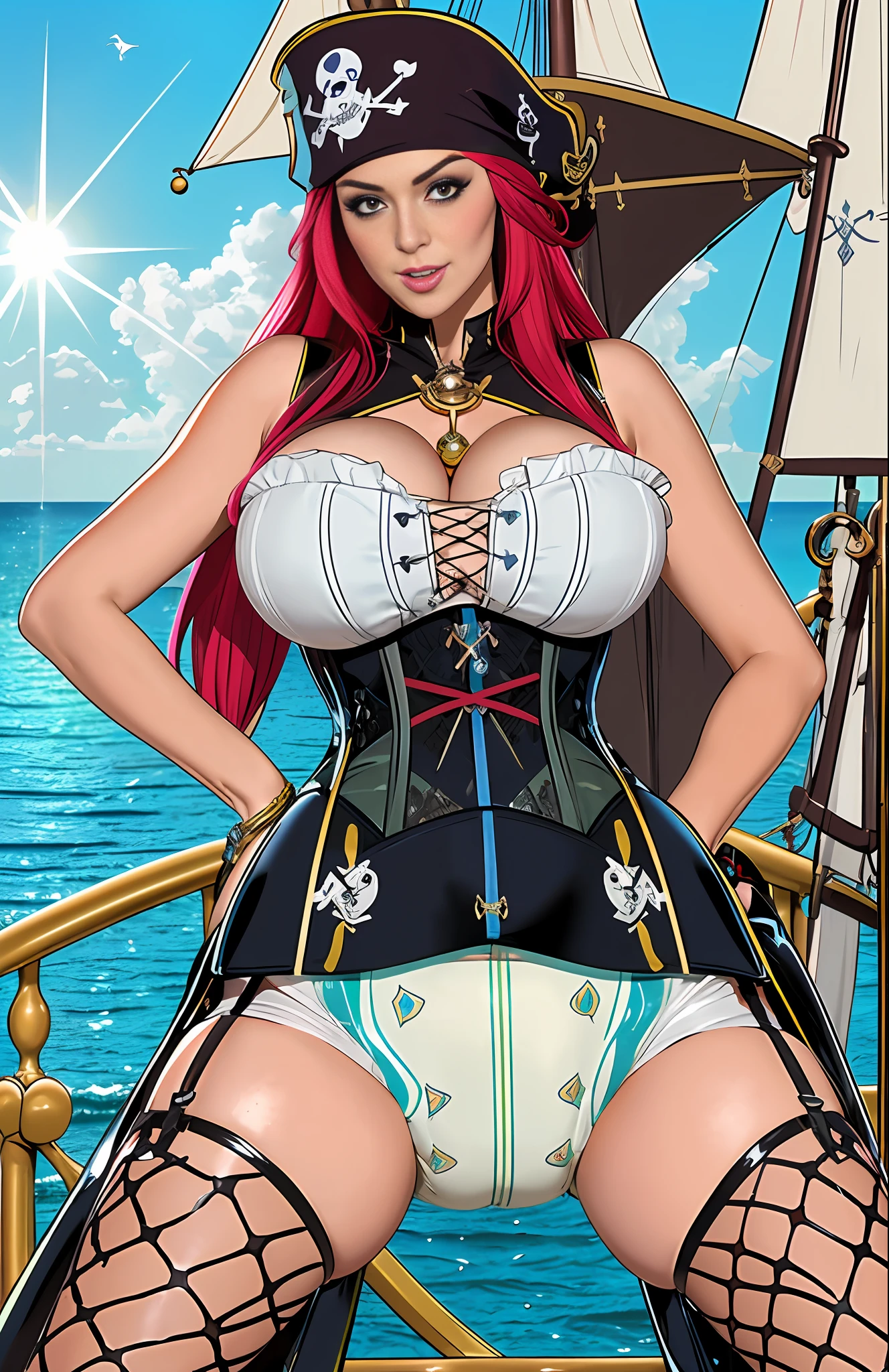 Sexy girl wearing (big diaper), ((Miss Fortune)), busty, (big breasts), wide hips, (latex), stockings, fishnets, (corset), (hypnotic), (magical), (blushing), pleasure, (orgasmic), colorful, ((mommydom)), ((pirate)), (pirate ship), ocean, sails, sunlight, tropical