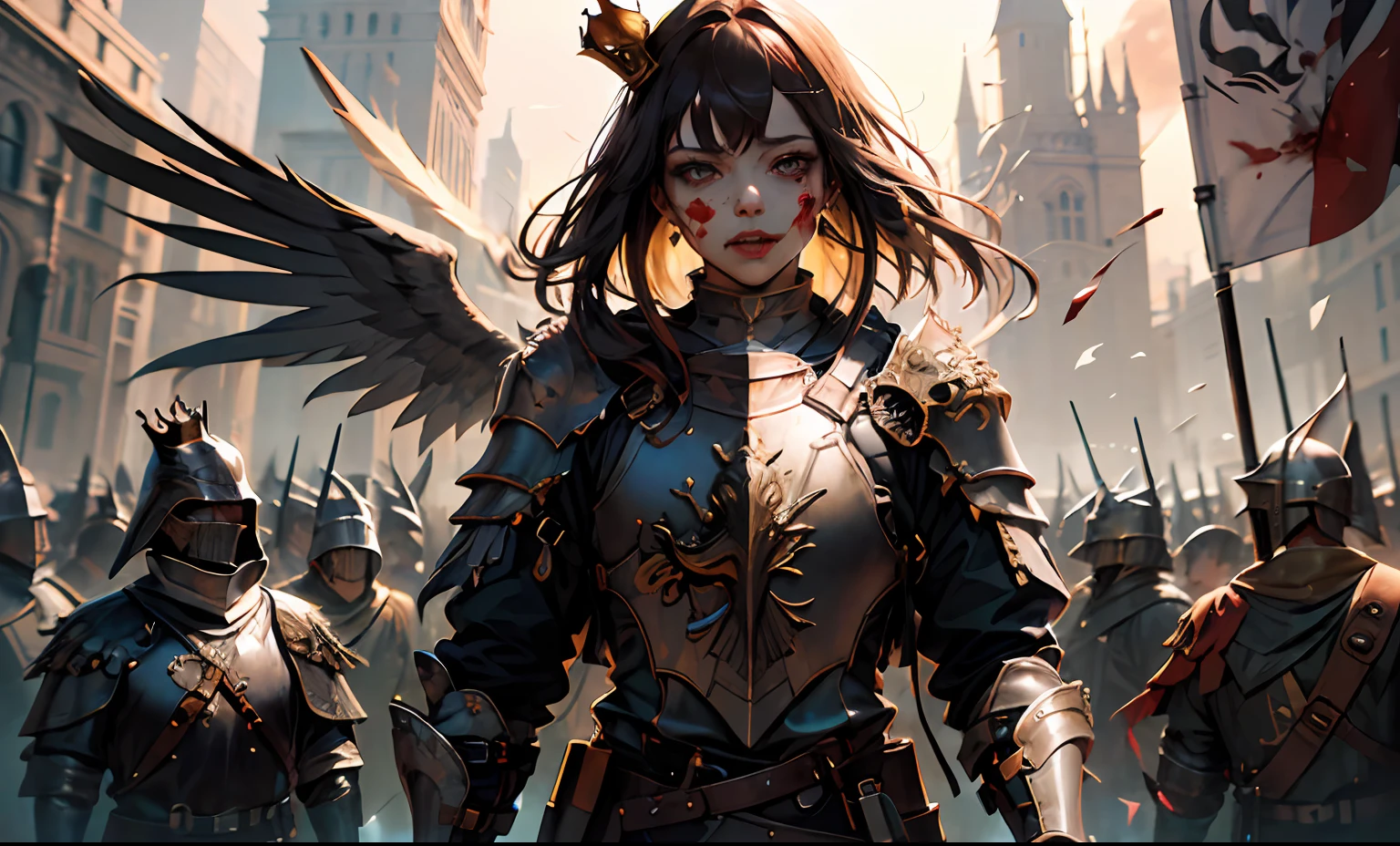 (masterpiece:1.2, best quality:1.1),8K,intricate details,HD,best illustration,wall-paper,intricate details,8K Hd wallpaper:1.6
1girl,yo,Golden pupil,((Golden eye)),Golden iris,shine:1.6
Swords and shields, griffins, wings, banners, streamers, emeralds, crowns,The sheen, the detail, the sparks, the ink, the castle, the fire, the sunset,Crusader armor
Metallics, streamers, blood on his face,Chest exposed, broken armor,industrial, dieselpunk, Carved armor:1.4, scratches:1.2, battle damage, wounds