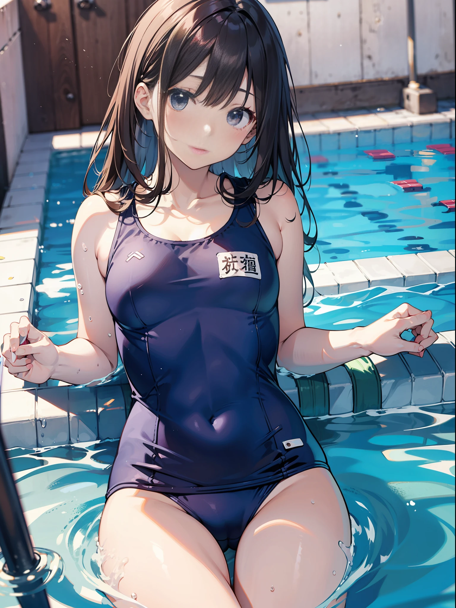 Slender beautiful girl、high picture quality、最好质量、Detailed drawing、Does not blush cheeks、School swim wear、knee high、jumpping、Small breasts、shorth hair