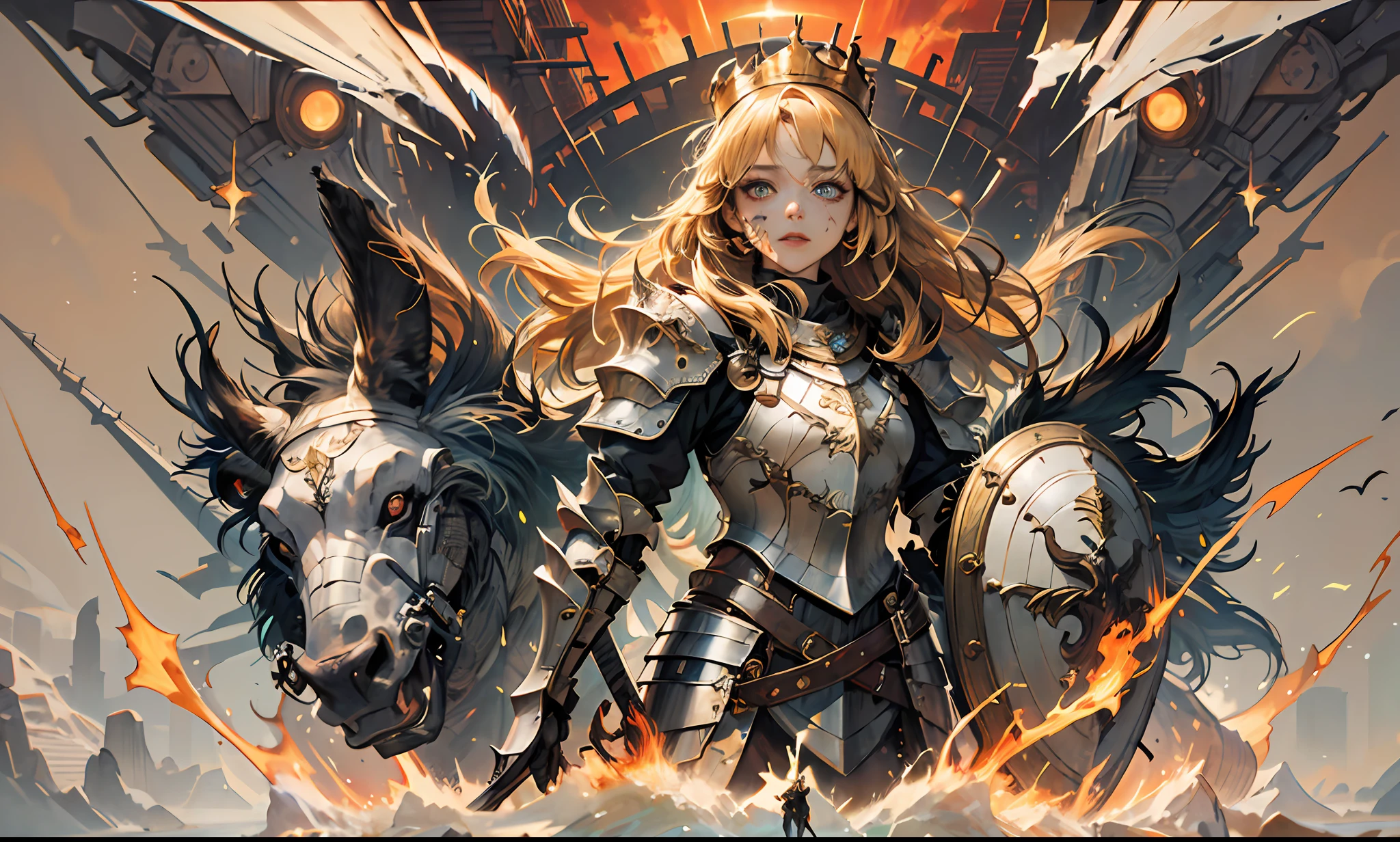 (masterpiece:1.2, best quality:1.1),8K,intricate details,HD,best illustration,wall-paper,intricate details,8K Hd wallpaper:1.6
1girl,yo,Golden pupil,((Golden eye)),Golden iris,shine:1.6
Swords and shields, griffins, wings, banners, streamers, emeralds, crowns,The sheen, the detail, the sparks, the ink, the castle, the fire, the sunset,Crusader armor
Metallics, streamers, blood on his face,Chest exposed, broken armor,industrial, dieselpunk, Carved armor:1.4, scratches:1.2, battle damage, wounds