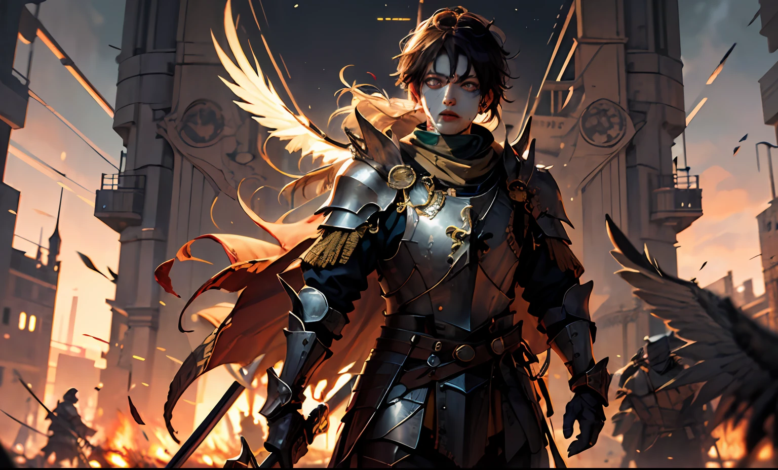 (masterpiece:1.2, best quality:1.1),8K,intricate details,HD,best illustration,wall-paper,intricate details,8K Hd wallpaper:1.6
1girl,12yo,Golden pupil,((Golden eye)),Golden iris,shine:1.6
Swords and shields, griffins, wings, banners, streamers, emeralds, crowns,The sheen, the detail, the sparks, the ink, the castle, the fire, the sunset,Crusader armor
Metallics, streamers, blood on his face,Chest exposed, broken armor,industrial, dieselpunk, Carved armor:1.4, scratches:1.2, battle damage, wounds