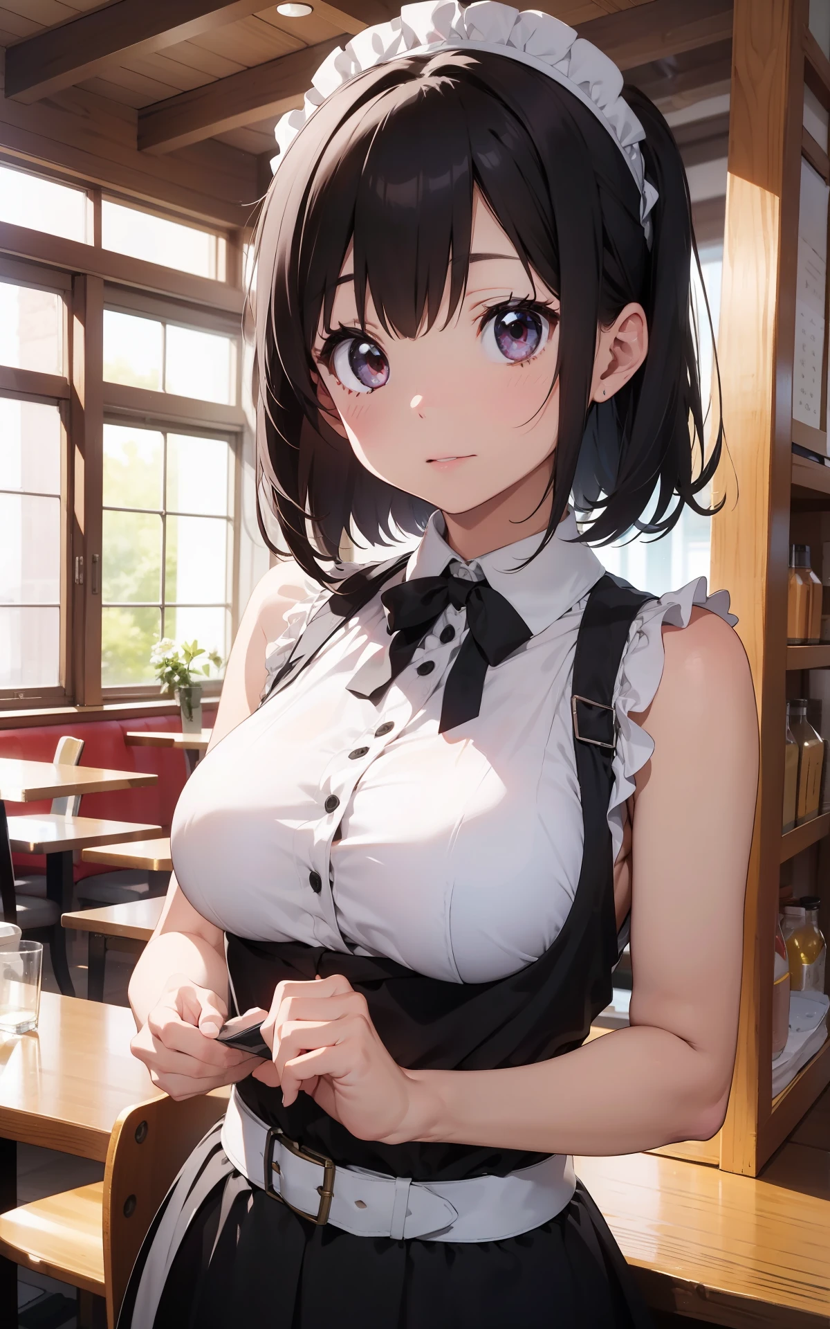 最好质量、1girl in、maid、garterbelts、sora、colorful strands of hair、a cute 、Lustrous skin、24 years old、Shines、High contrast、Tempting、Sensual milf, Serving customers at a café, big tit、White blouse、Black skirt、Sleeveless、Beautiful armpits、White headband、short-cut、Random angles