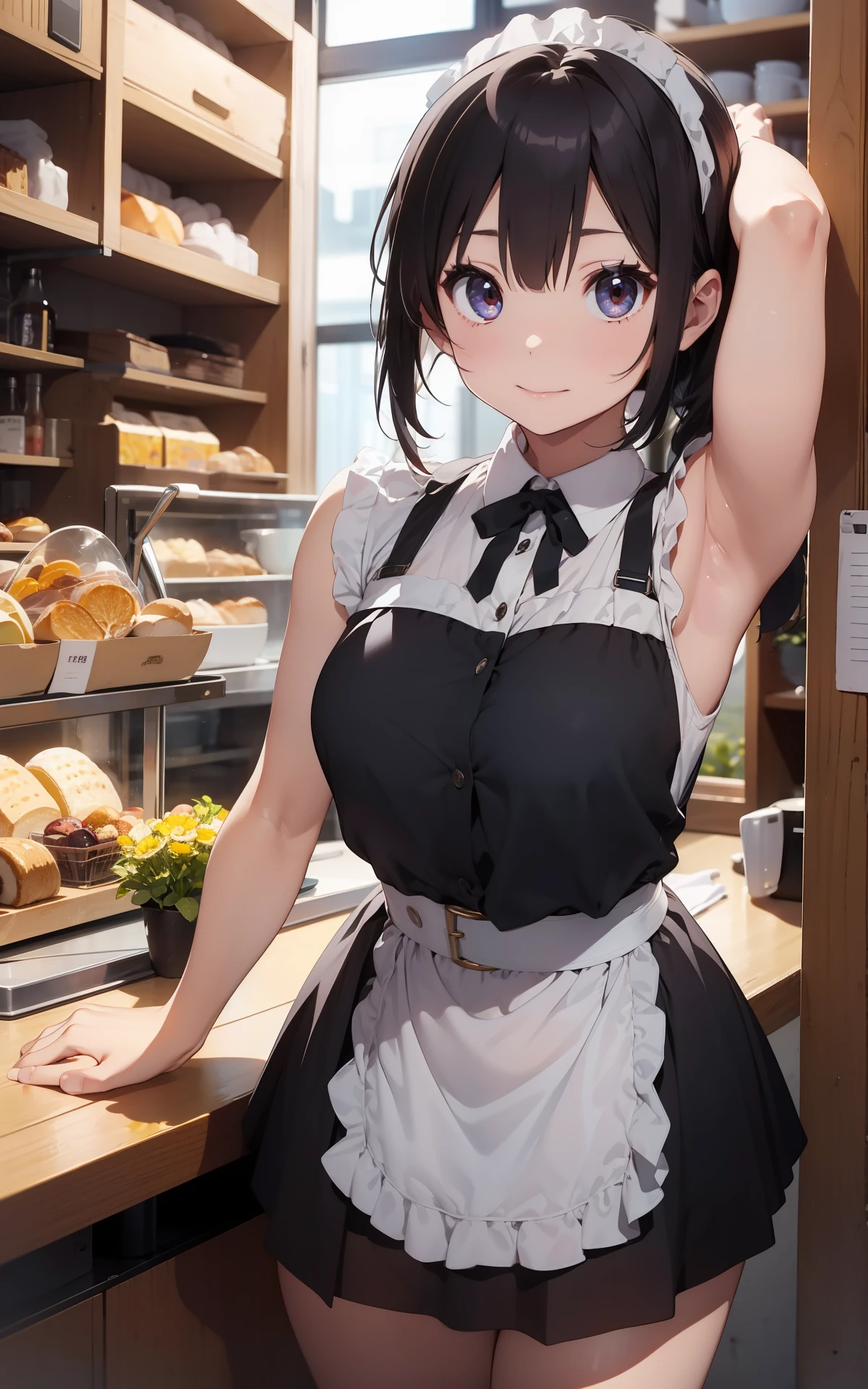 最好质量、1girl in、maid、garterbelts、sora、colorful strands of hair、a cute 、Lustrous skin、24 years old、Shines、High contrast、Tempting、Sensual milf, Serving customers at a café, big tit、White blouse、Black skirt、Sleeveless、Beautiful armpits、White headband、short-cut、Random angles